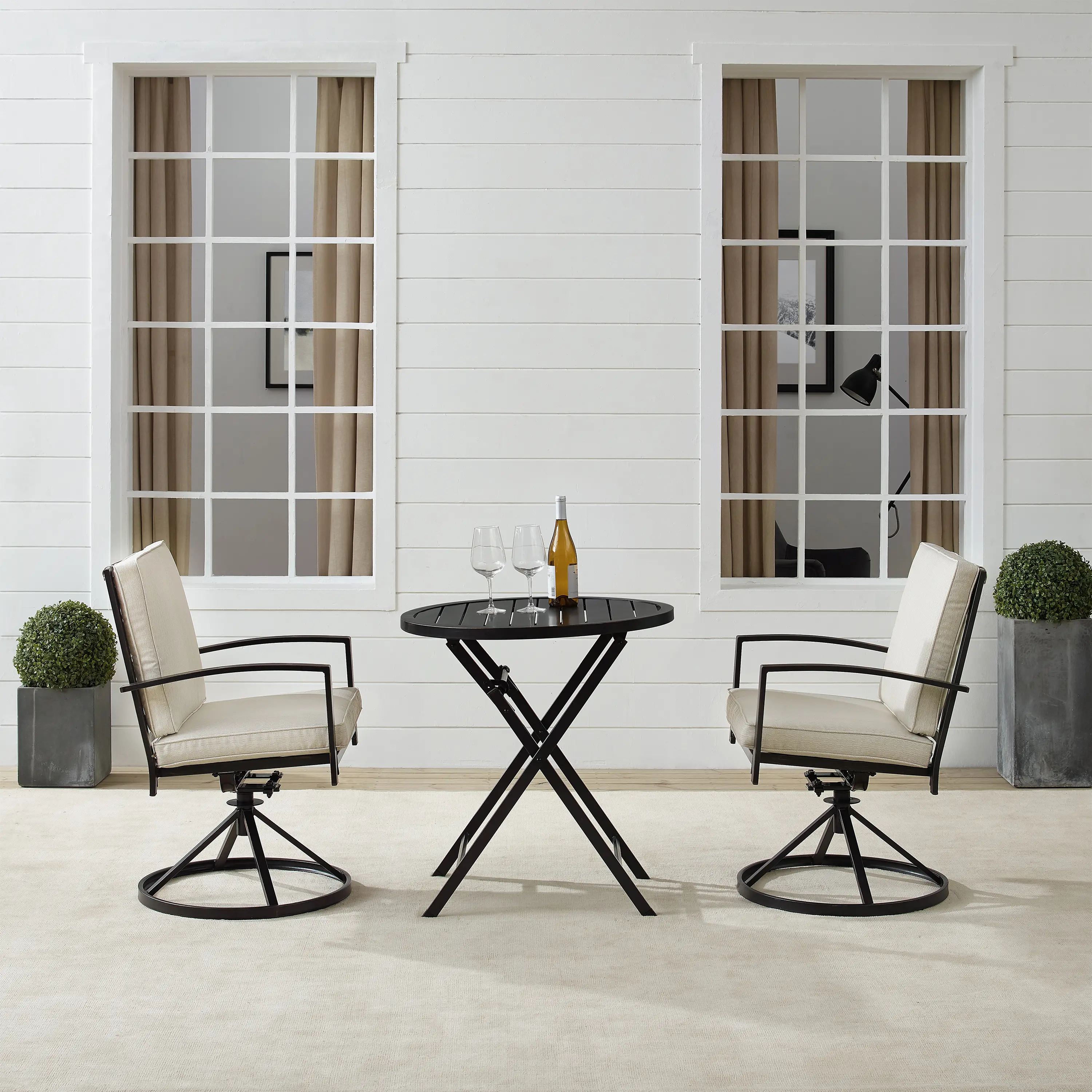 KO60040BZ-OL Kaplan 3 Piece Oatmeal Outdoor Metal Bistro Set with Swivel Chairs-2