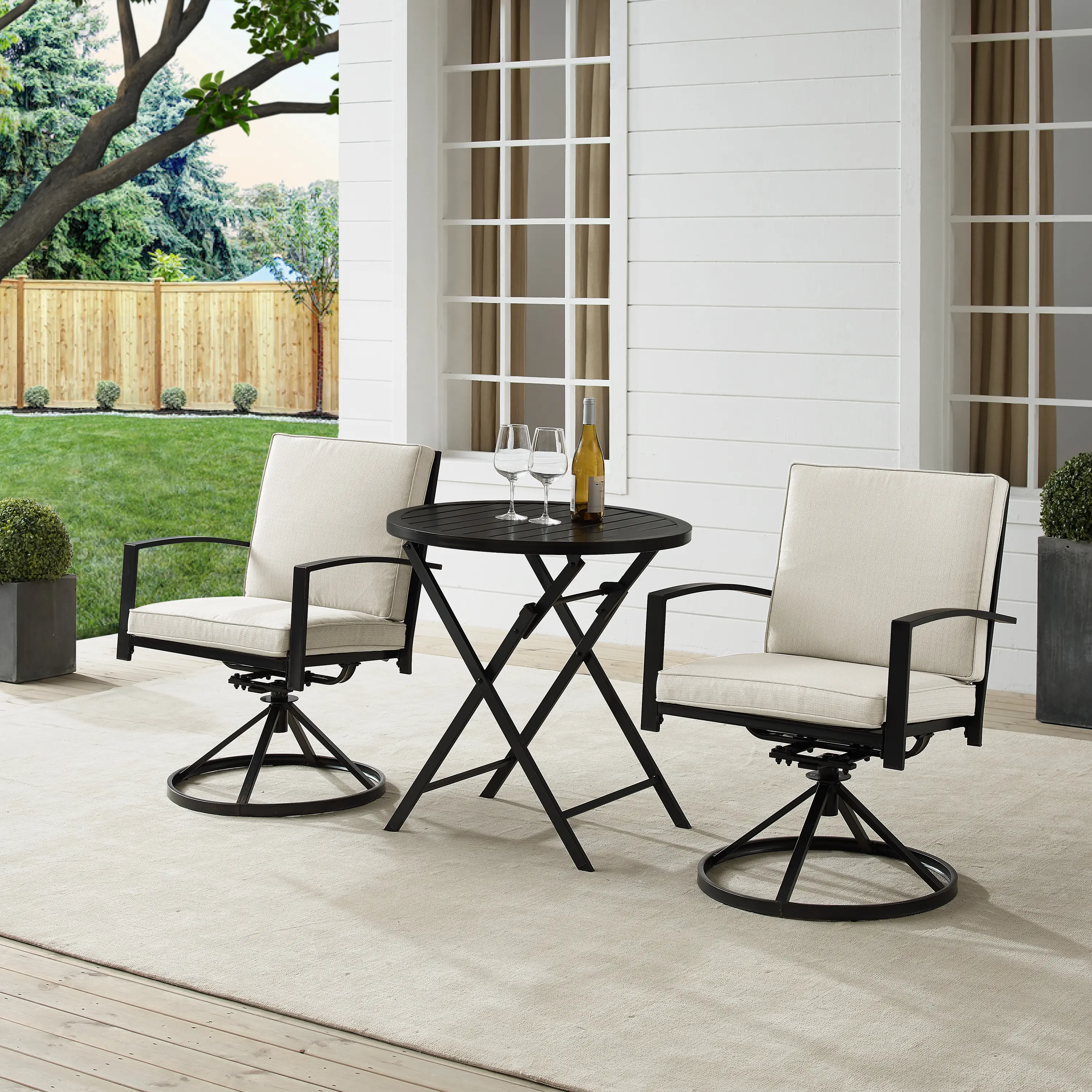 KO60040BZ-OL Kaplan 3 Piece Oatmeal Outdoor Metal Bistro Set with Swivel Chairs-3