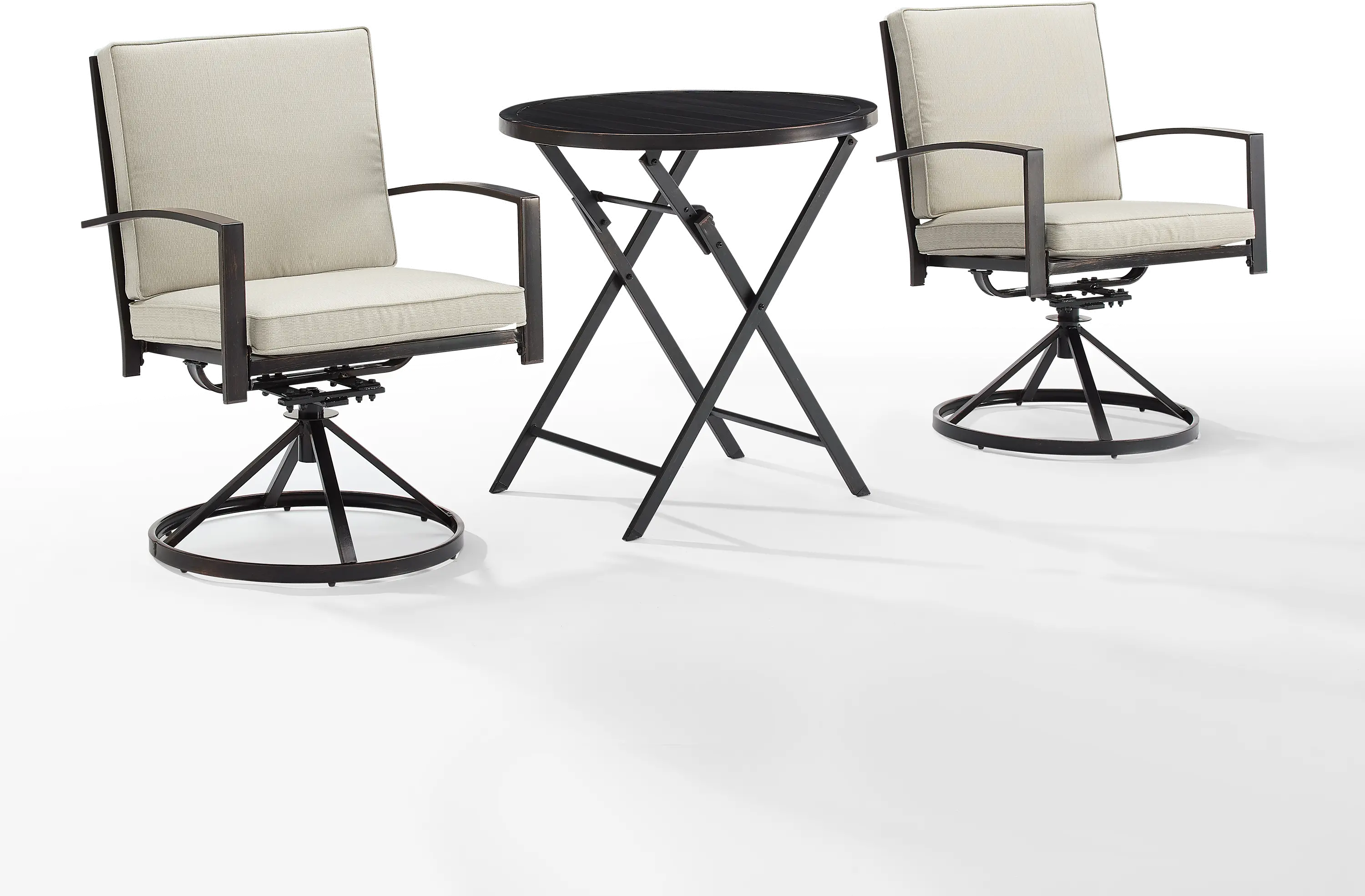 KO60040BZ-OL Kaplan 3 Piece Oatmeal Outdoor Metal Bistro Set with Swivel Chairs-4