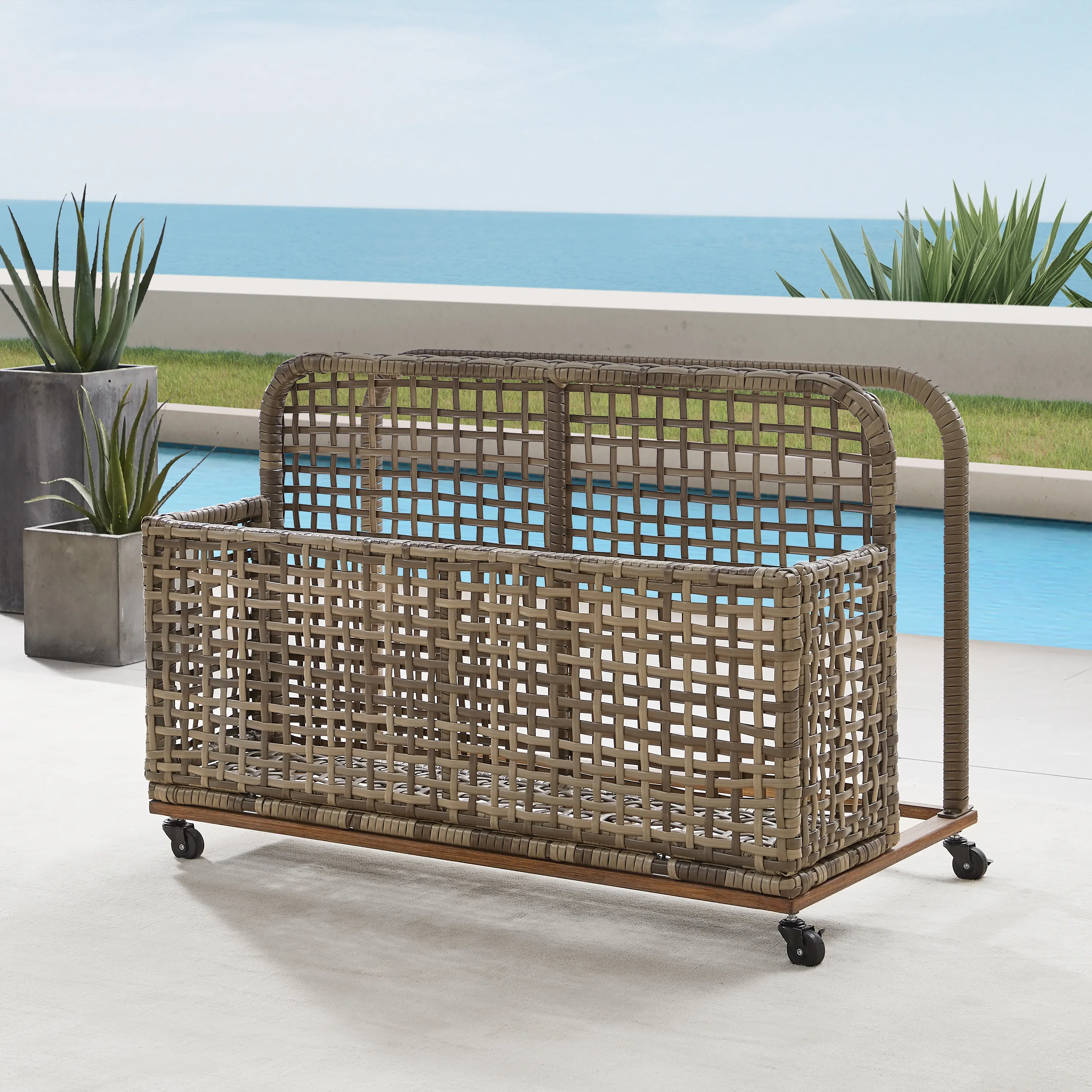CO7308BR-GY Ridley Outdoor Wicker And Metal Pool Storage Caddy-11