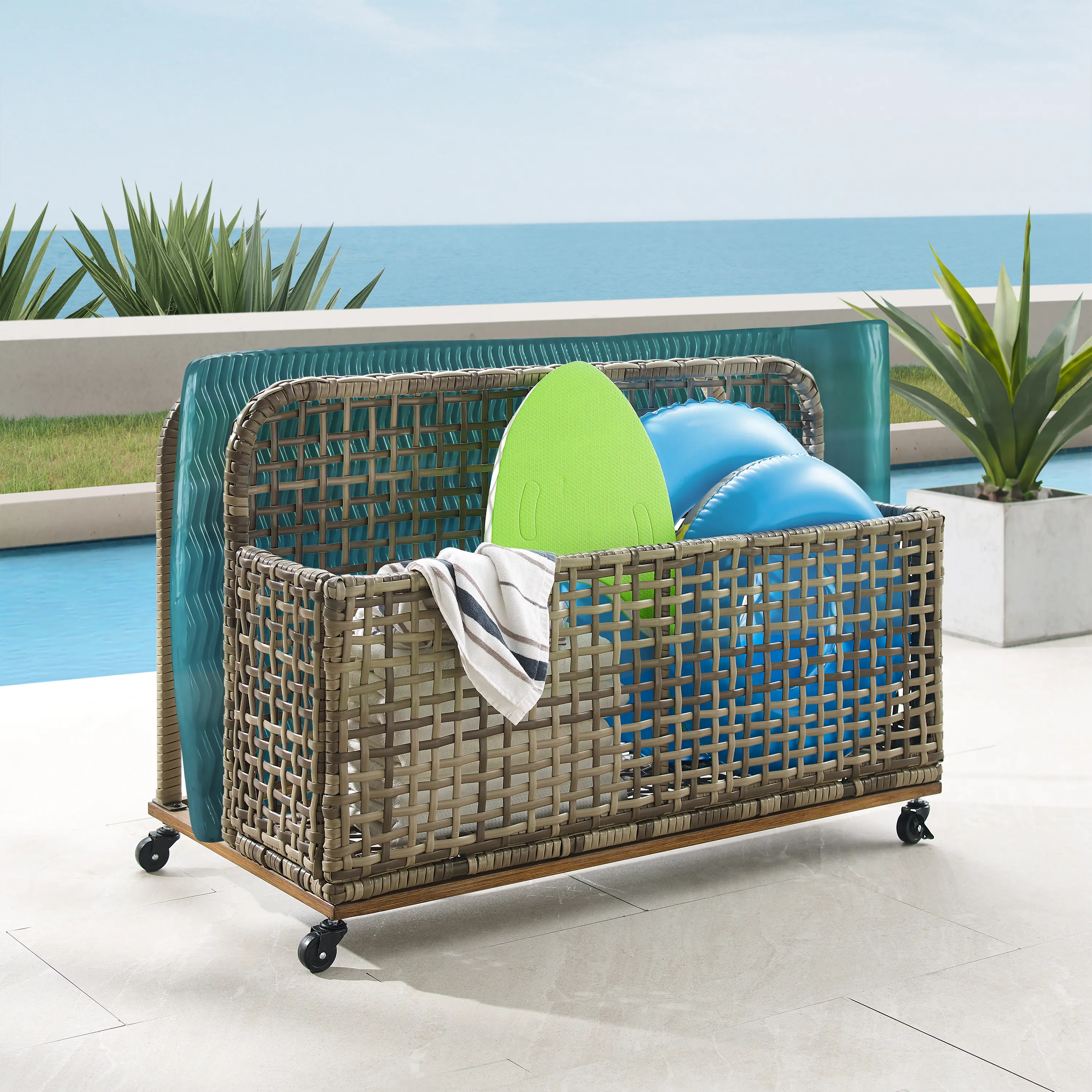 CO7308BR-GY Ridley Outdoor Wicker And Metal Pool Storage Caddy-2