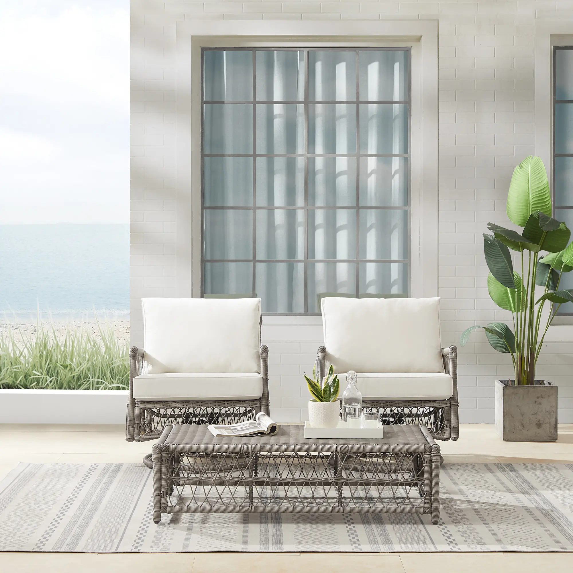 KO70438DW-CR Thatcher 3 Piece Outdoor Wicker Swivel Rocker and Ottoman Set-2