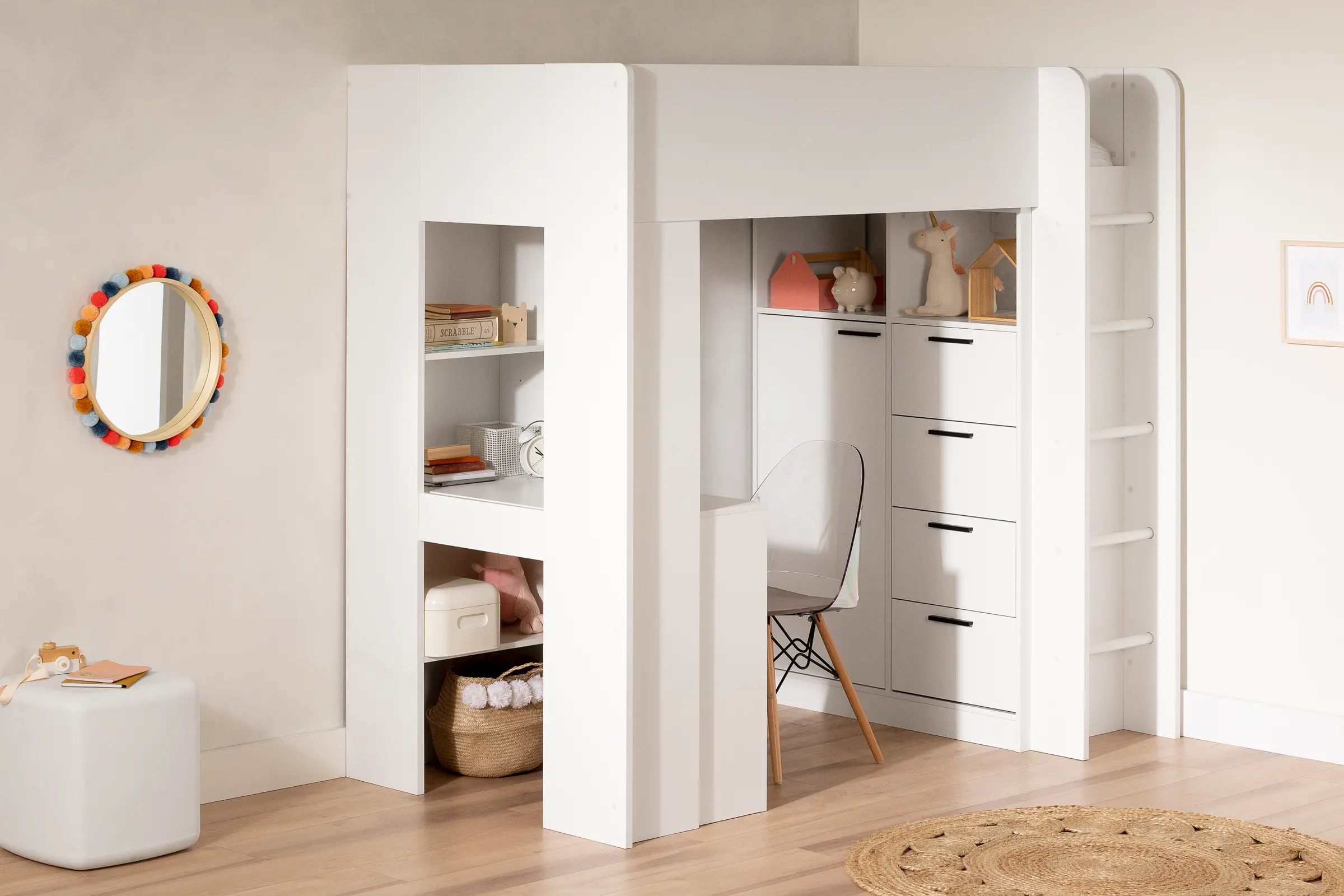 13454 Logik White Twin Loft Bed with Desk-2