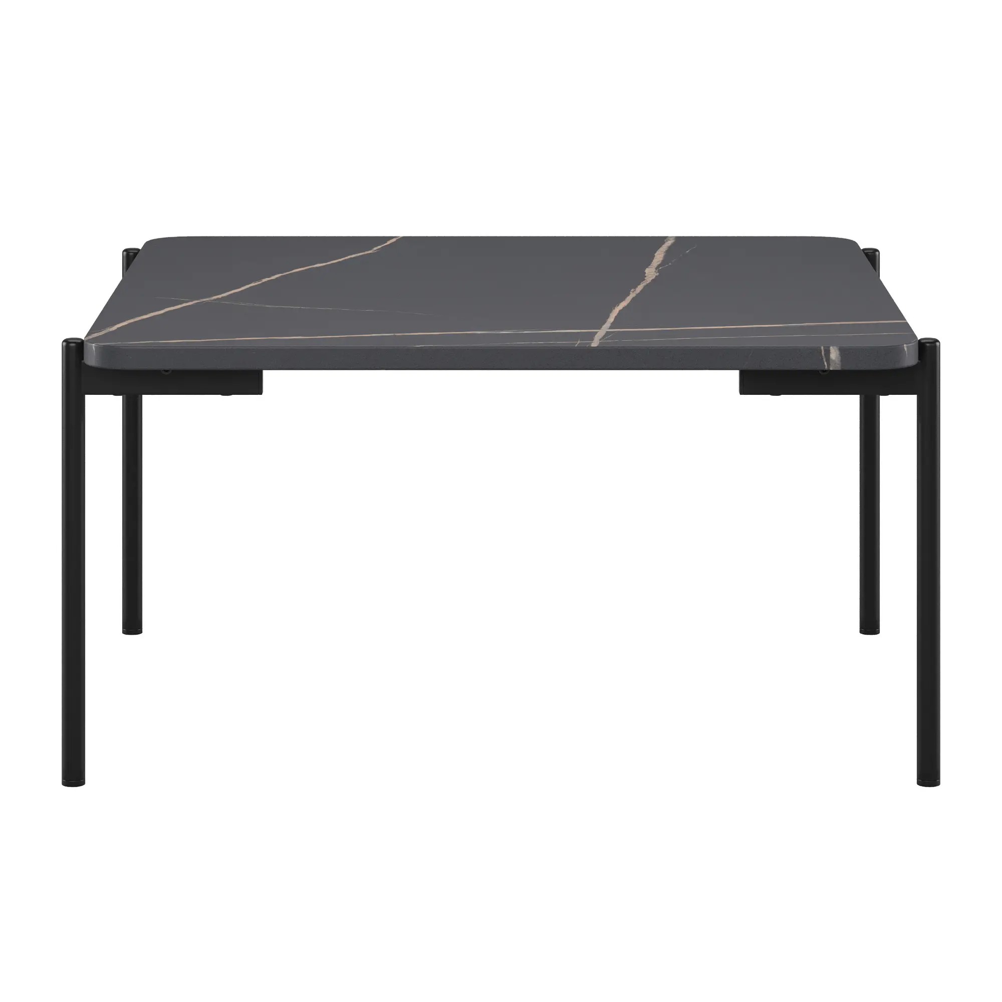 Close-up view of the square coffee table top with dark gray marble surface and gold veining.