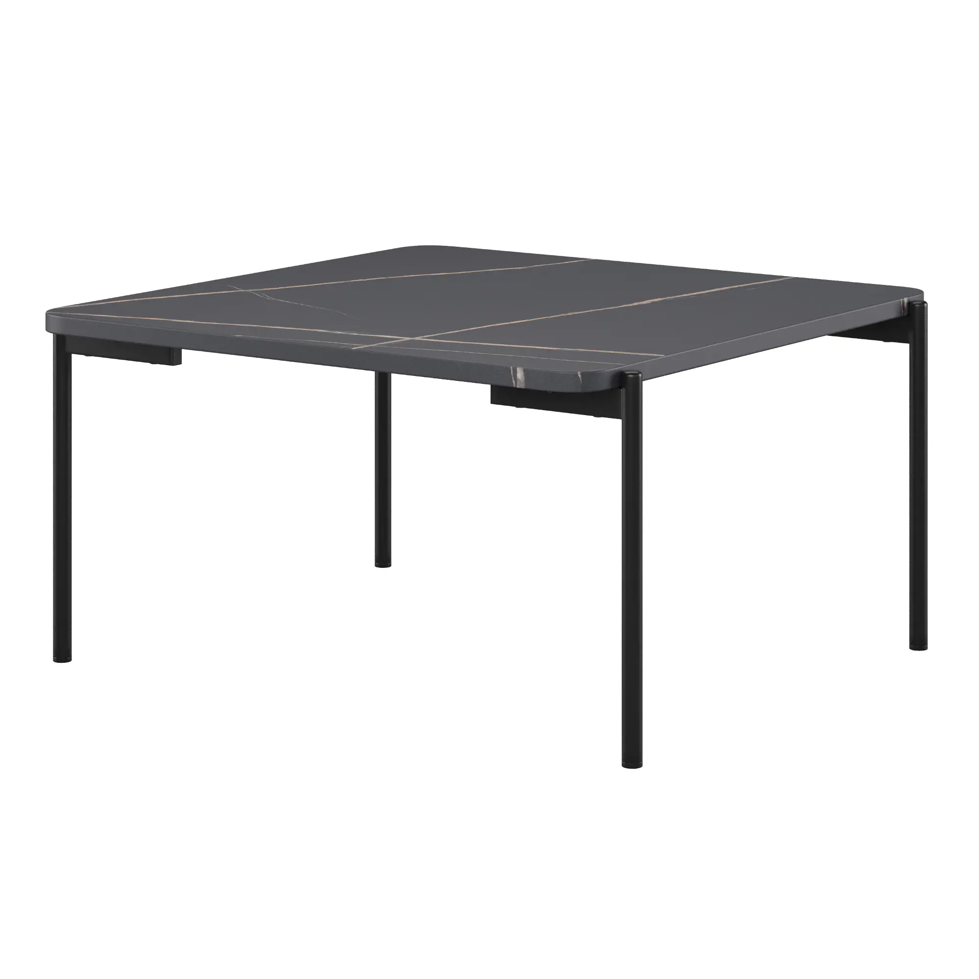 Rectangular coffee table with dark gray marble top and slim black legs.