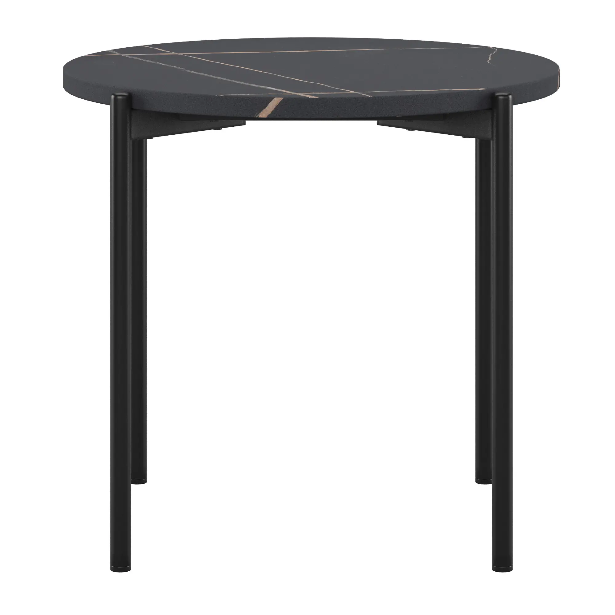 Round side table with dark gray marble top and slim black legs.
