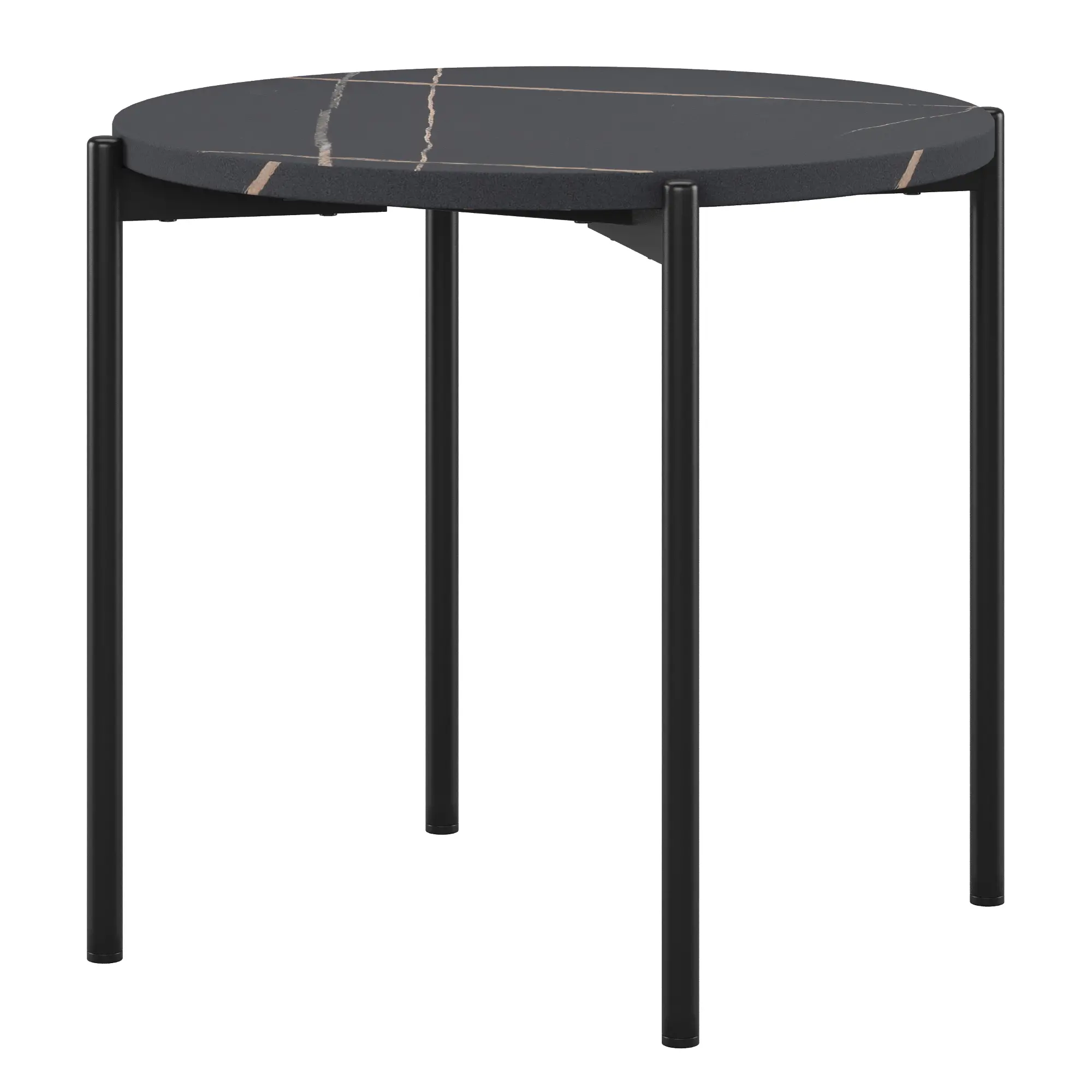 Round end table with dark gray marble top and black legs, showing inner shelf support.
