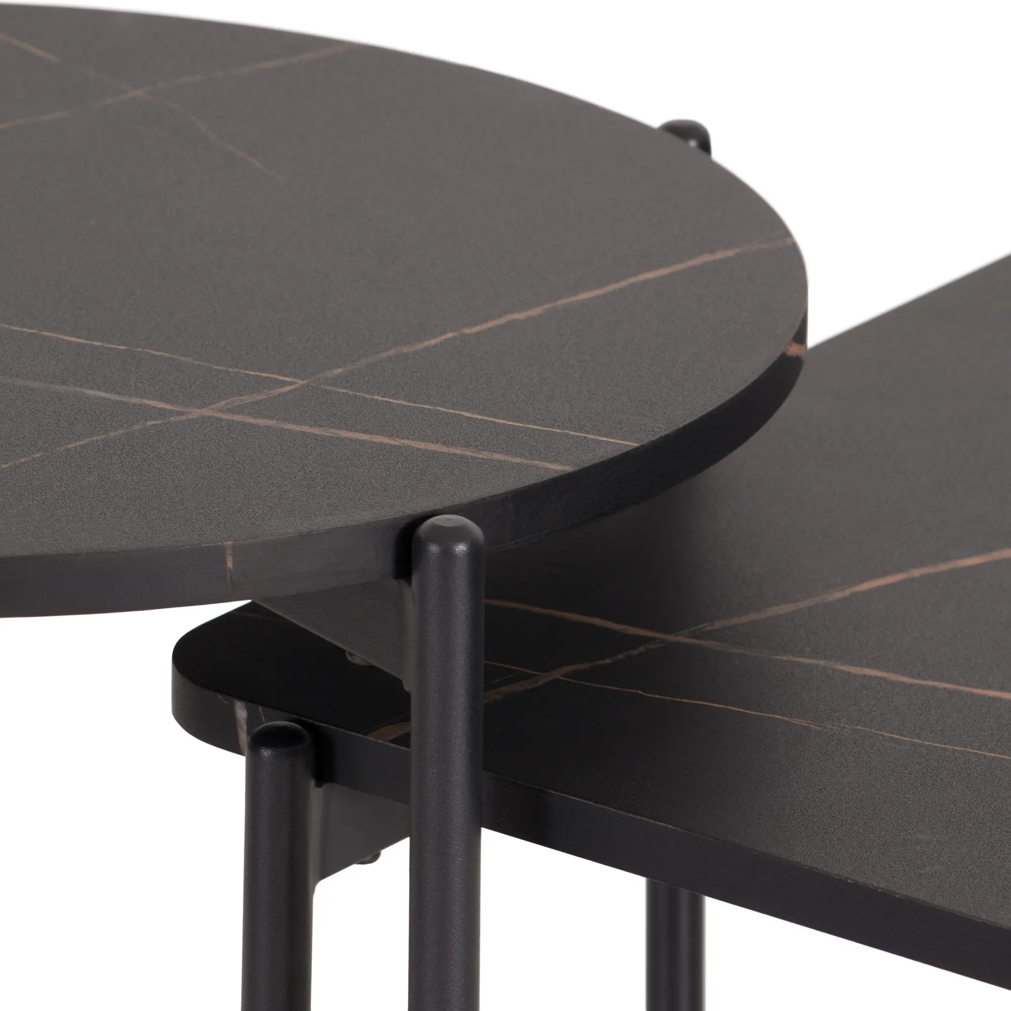 Close-up of the table edge showing marble pattern and leg attachment.