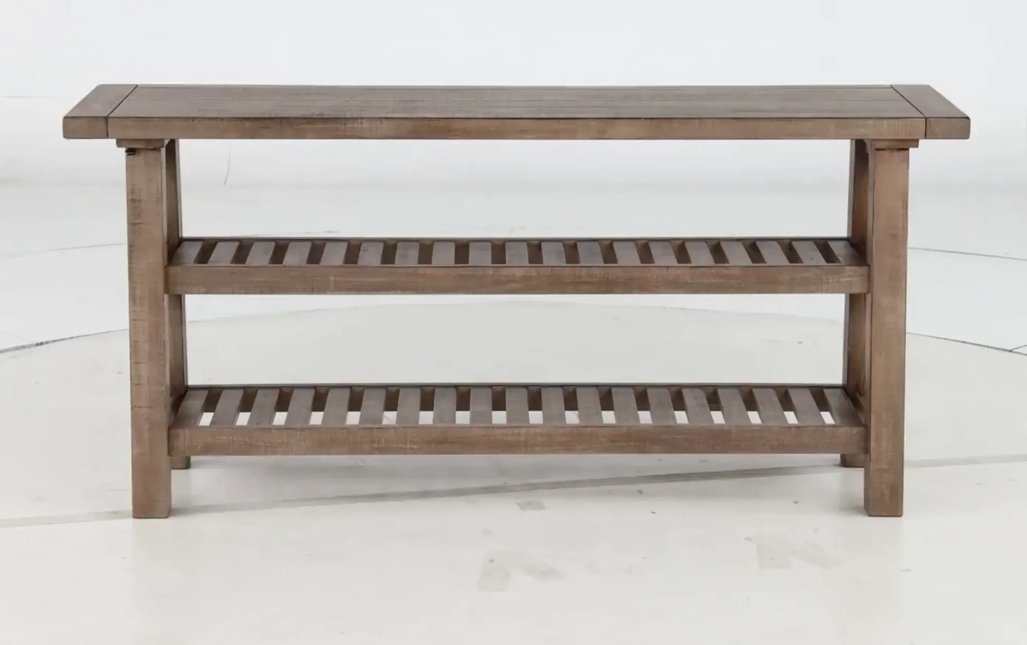 Long wooden console table with two lower slatted shelves and X-brace style ends