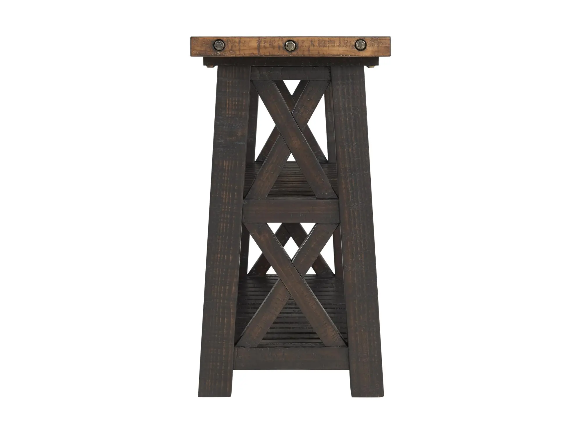 Narrow wooden console or bench with two legs and cross supports
