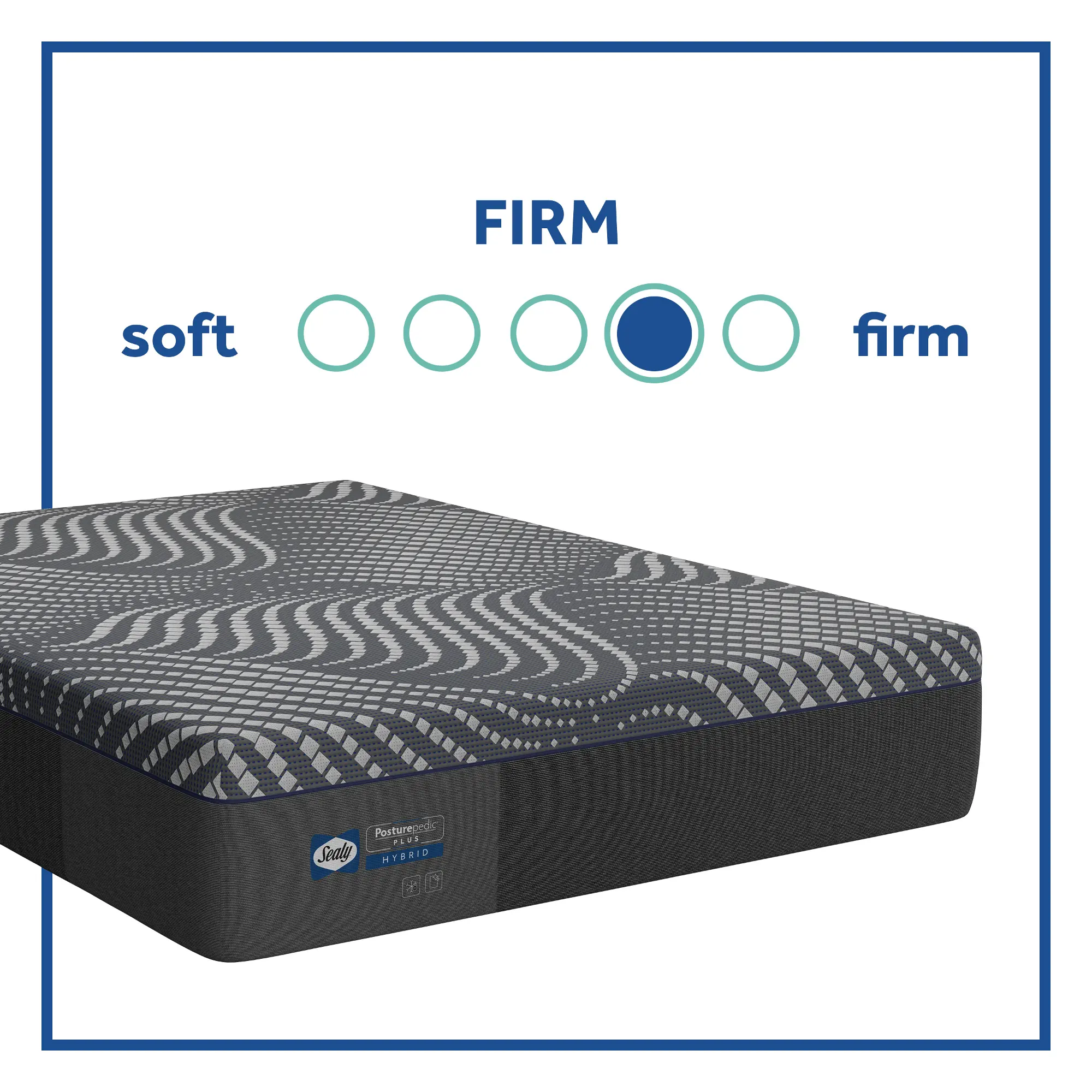 Sealy mattress with graphic text 'FIRM' and circular indicators, product image