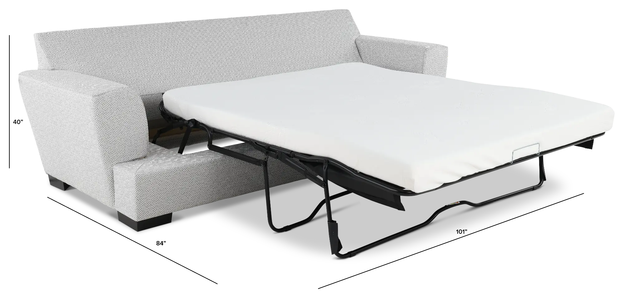 Sofa bed in open position with mattress and metal frame
