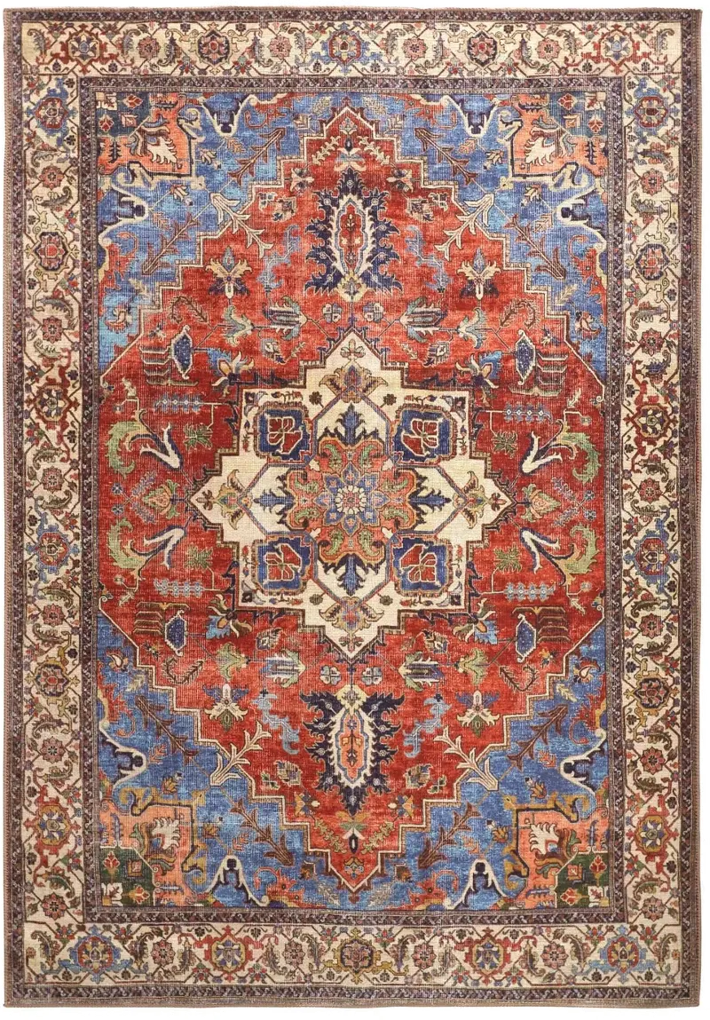 Percy 5 x 8 Blue and Rust Washable Area Rug
