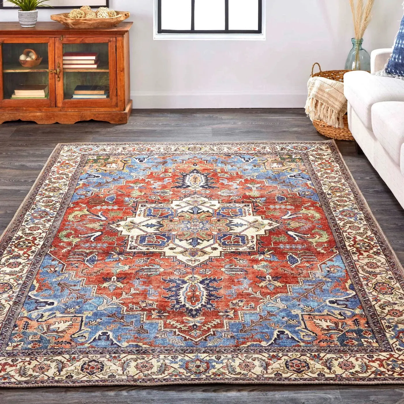 Percy 5 x 8 Blue and Rust Washable Area Rug-2