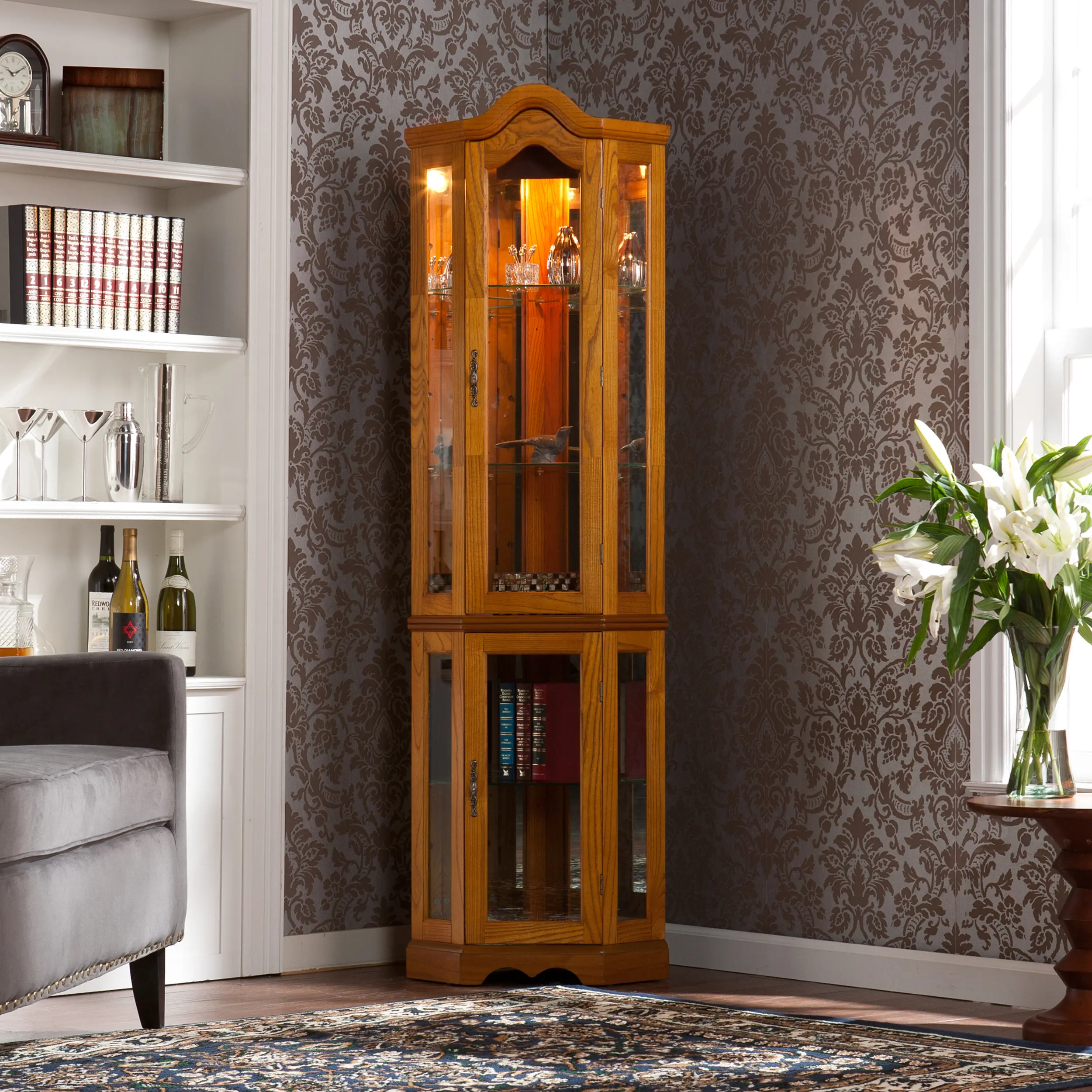CM0695 Canterdale Golden Oak Lighted Corner Curio Cabinet-2