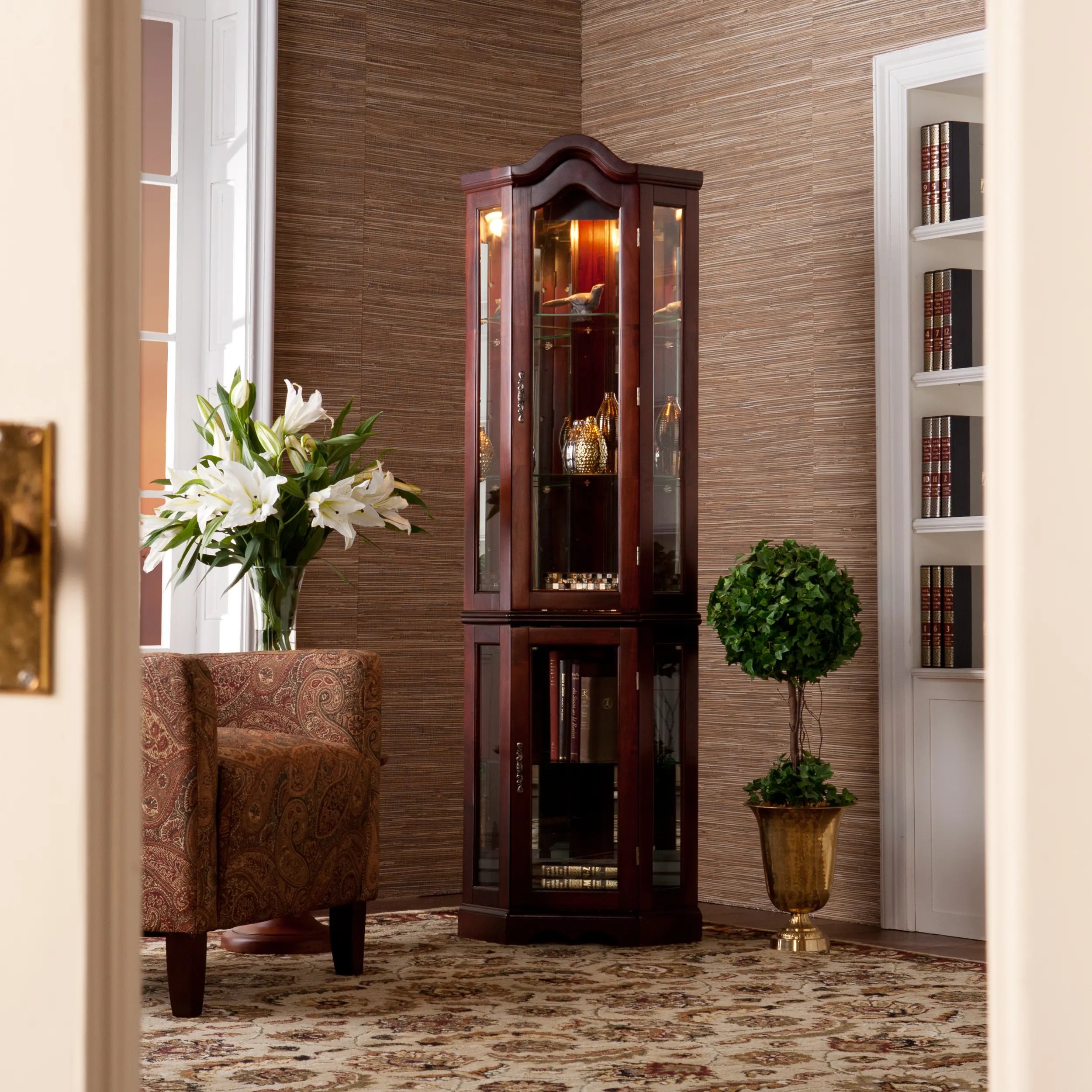 CM0696 Canterdale Mohagany Lighted Corner Curio Cabinet-2