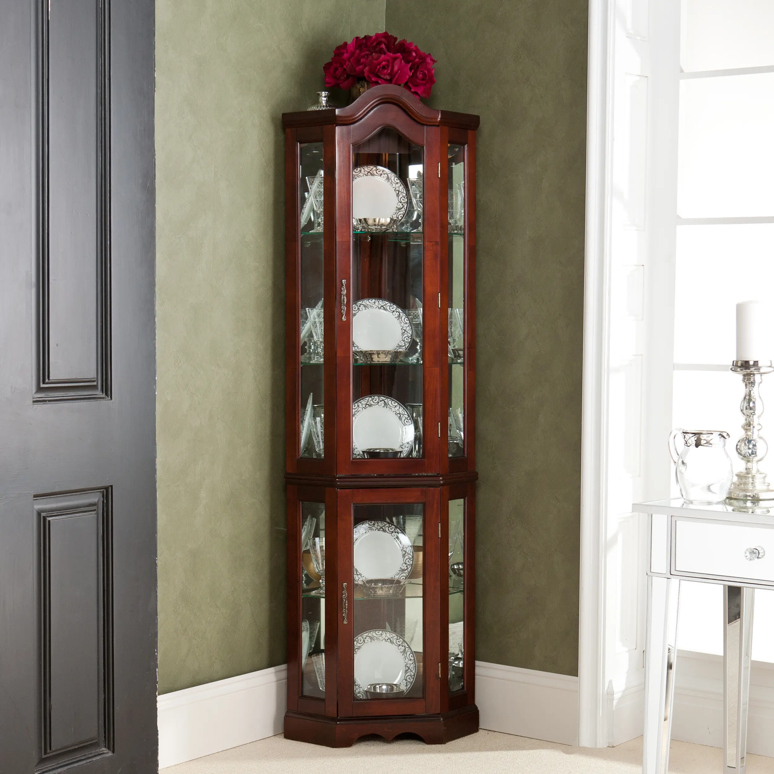 CM0696 Canterdale Mohagany Lighted Corner Curio Cabinet-4