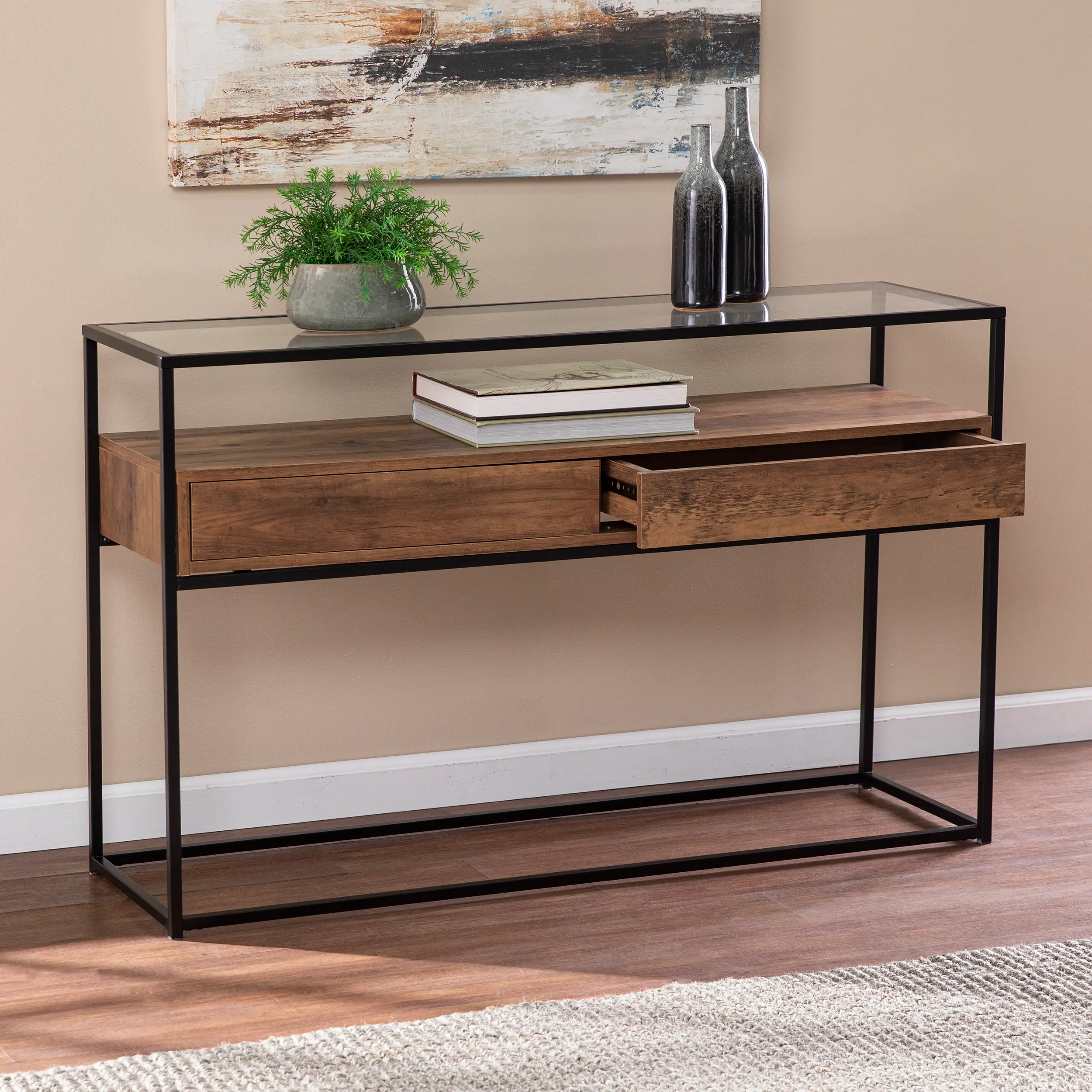 CM1014103 Olivern Glass-Top Industrial Console Table-4