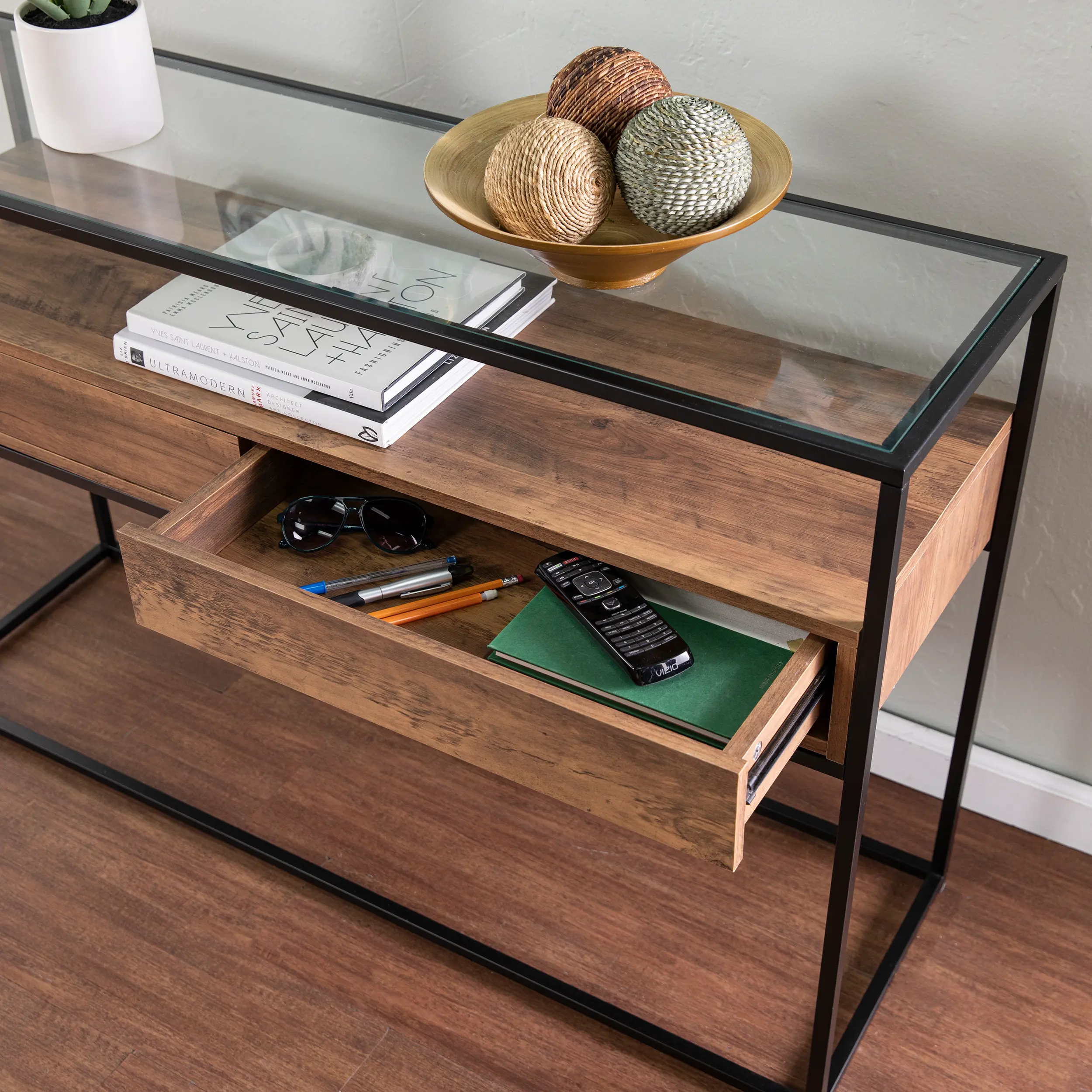 CM1014103 Olivern Glass-Top Industrial Console Table-5