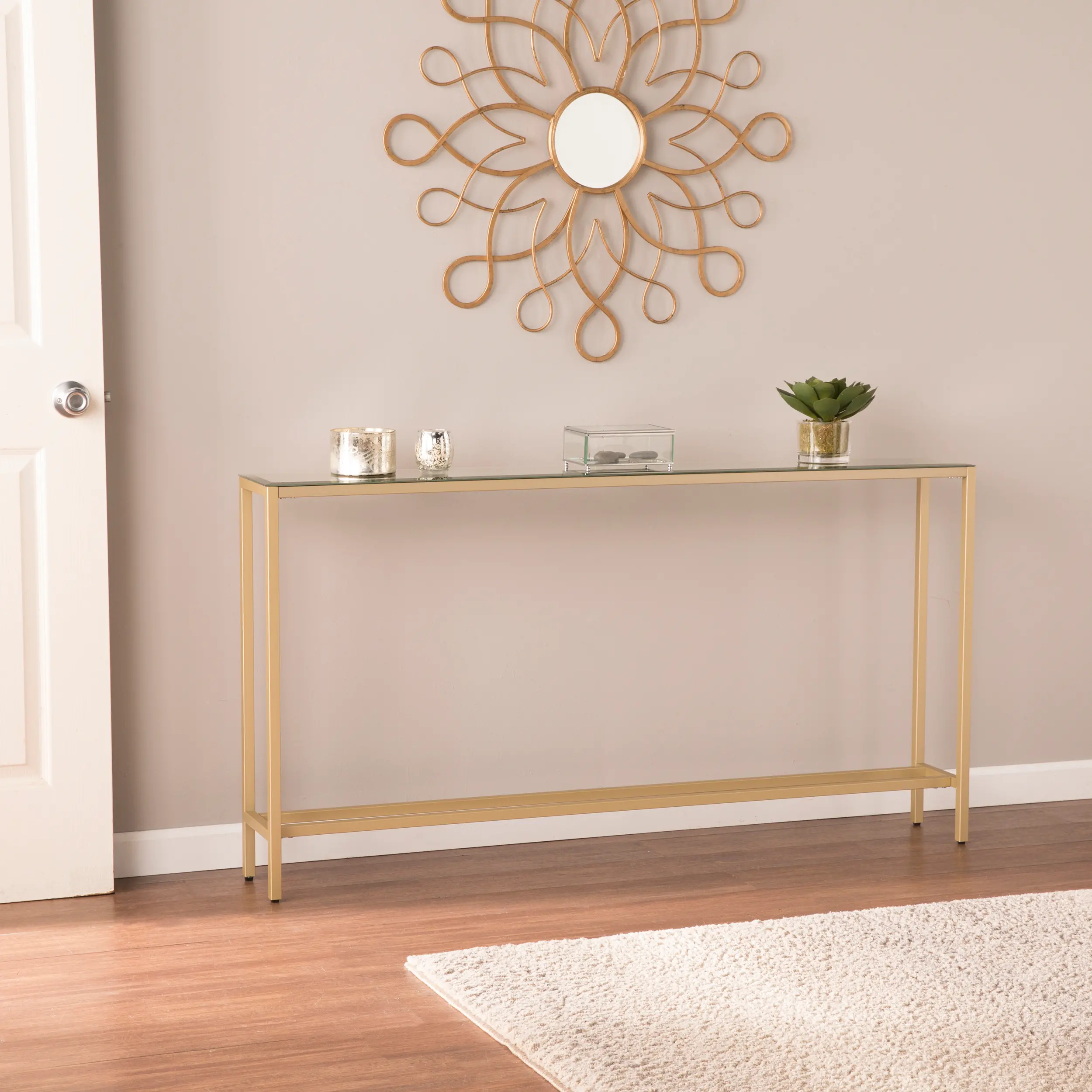 CM9296 Darrin Long Gold Console Table with Mirrored Top-2