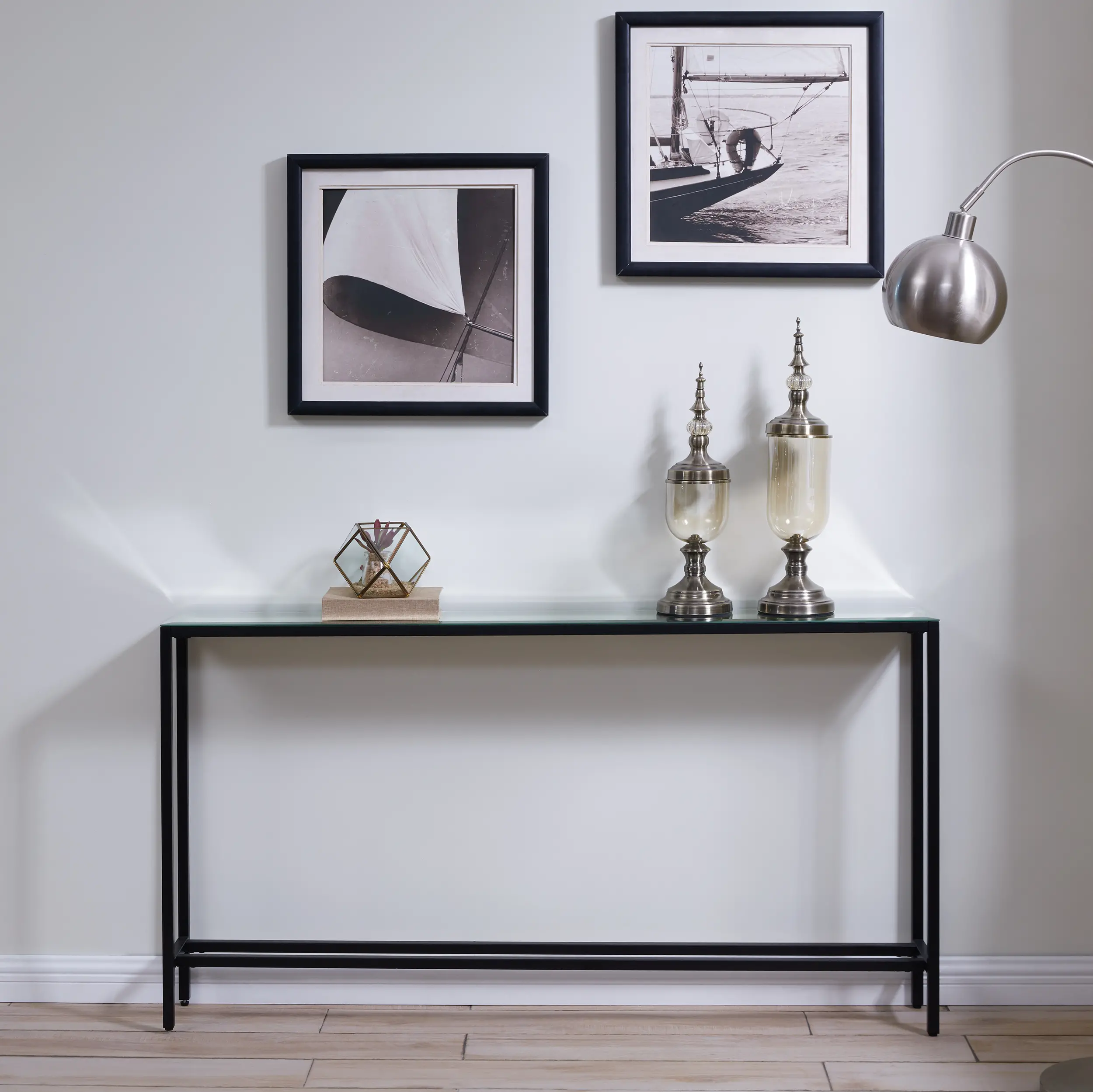 CM9396 Darrin Long Gunmetal Gray Console Table with Mirrored Top-2