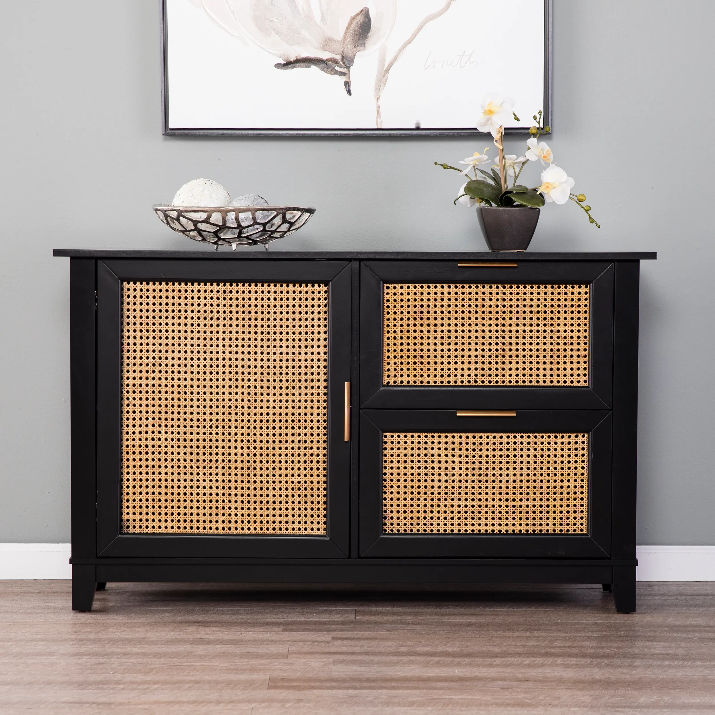 HZ1003005 Holly & Martin Chekshire Black & Rattan Storage Cabinet-2