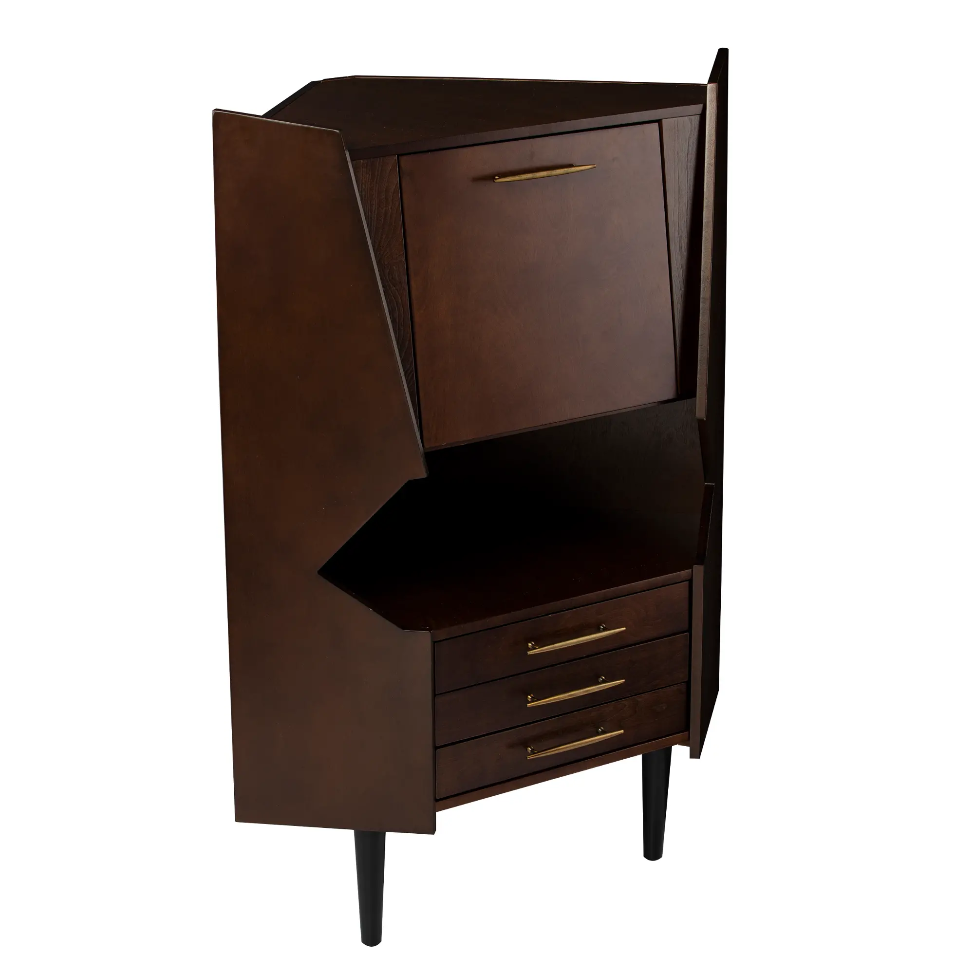 A dark brown mid-century cabinet with upper hidden storage and four drawers, gold handles, and tapered legs.
