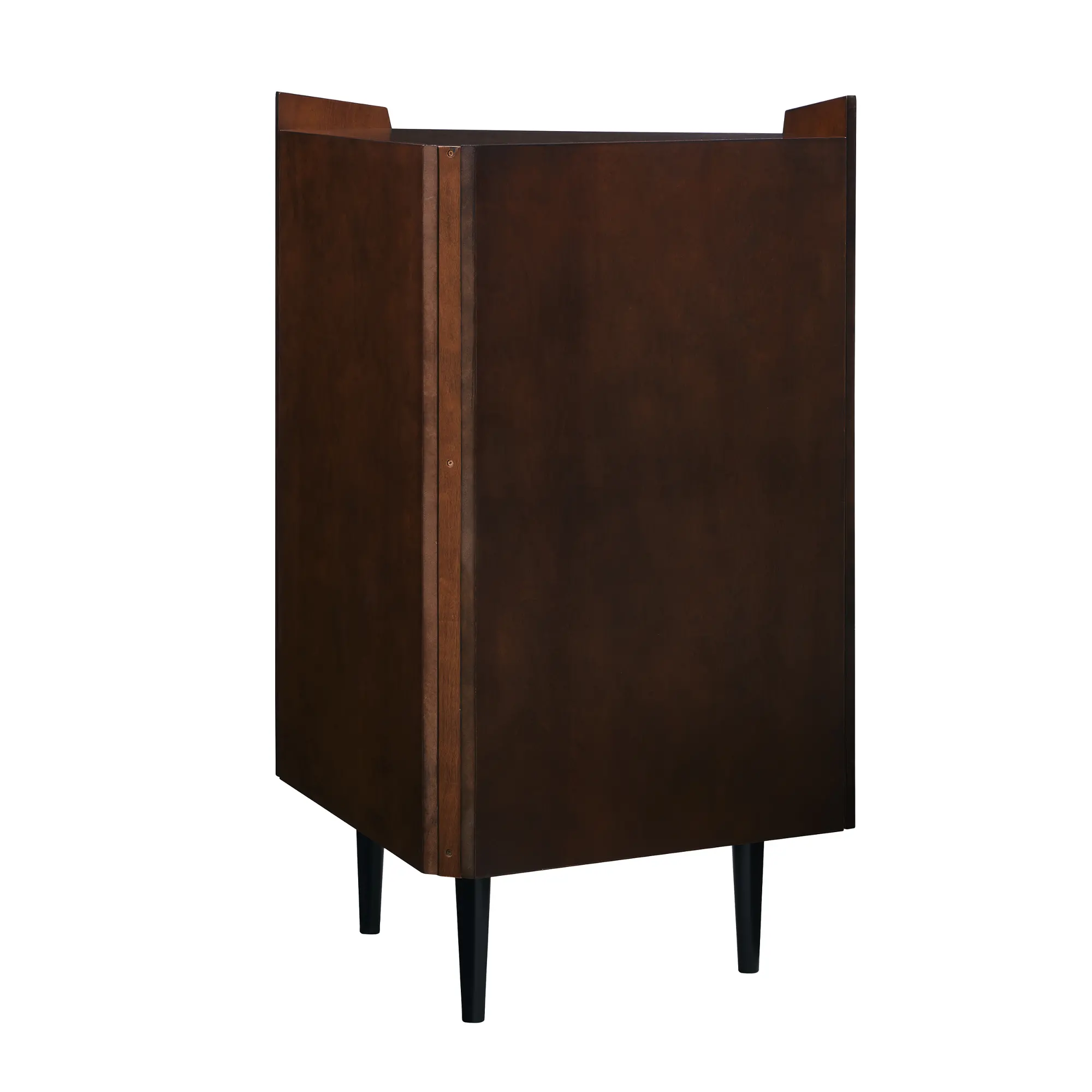 Back view of the cabinet showing solid panel and top edge, Dark wood finish.