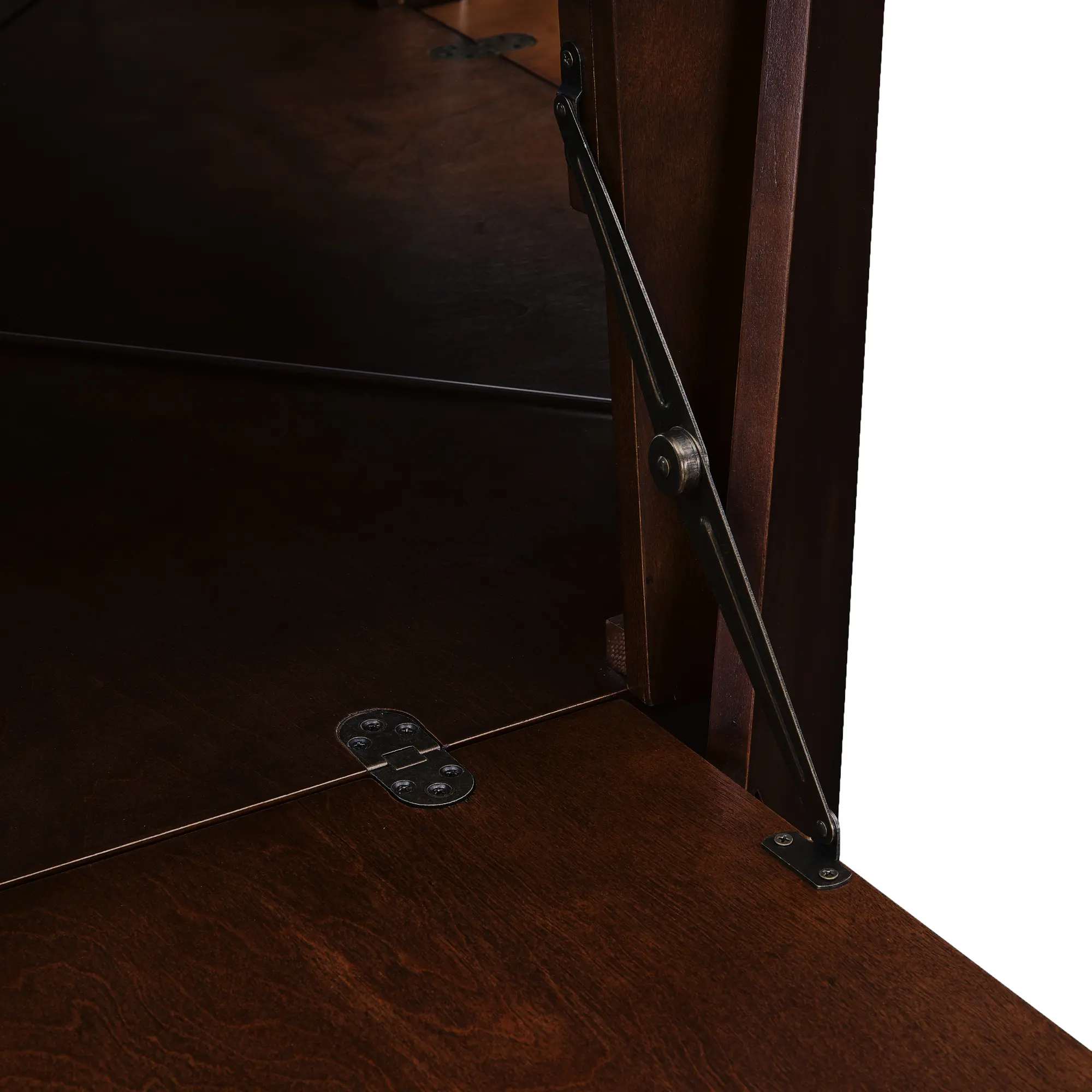 Close-up of interior hinge area with support arm and joints.