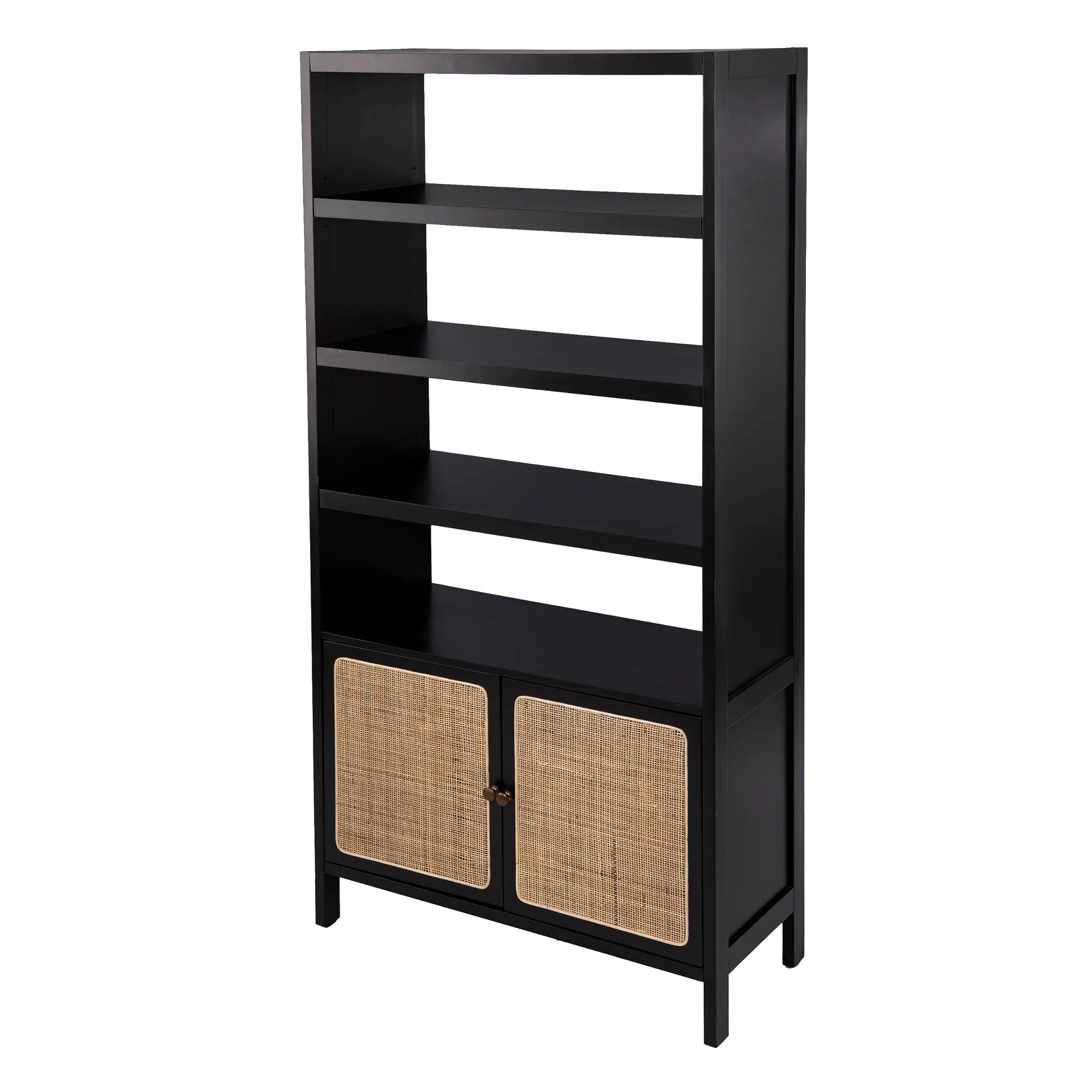 Black shelving unit with open shelves and two woven rattan cabinet doors at bottom