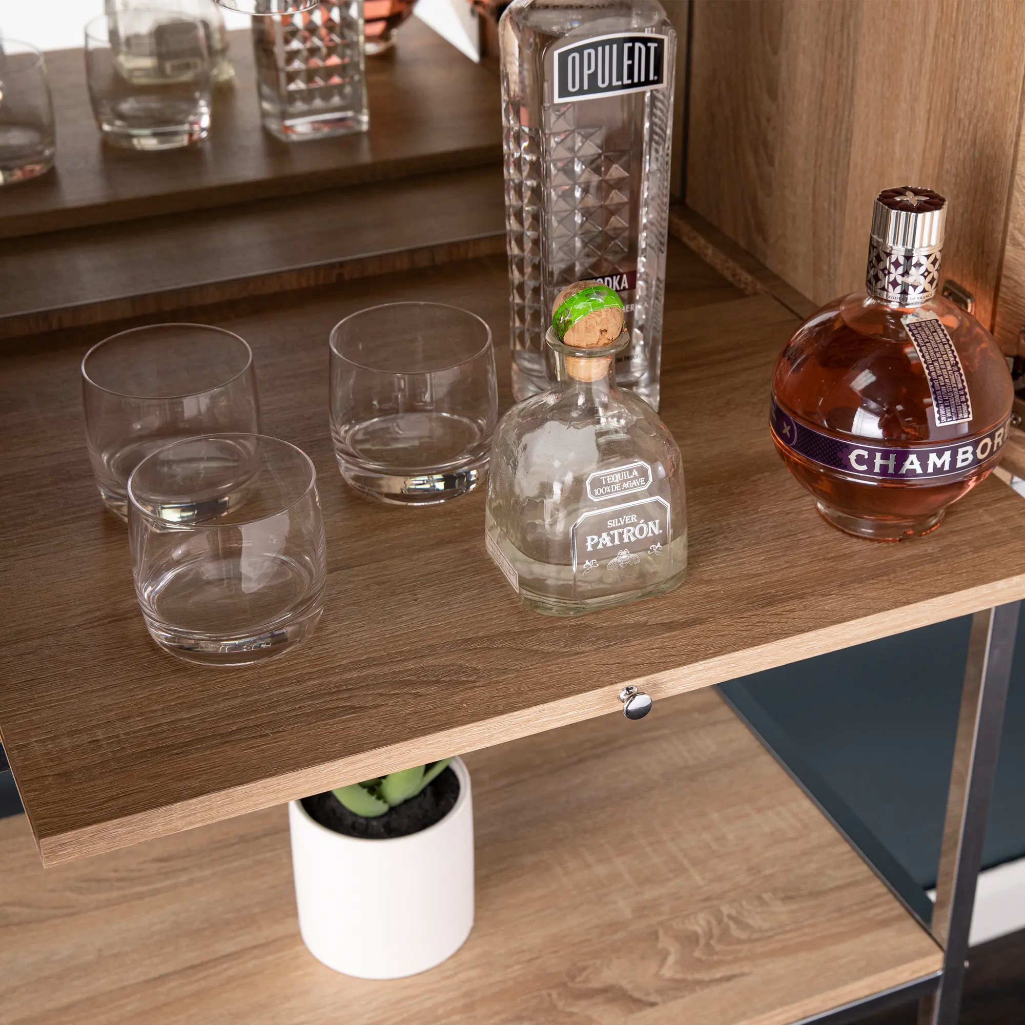 Wooden tabletop with liquor bottles and glasses on a shelf, plant visible underneath
