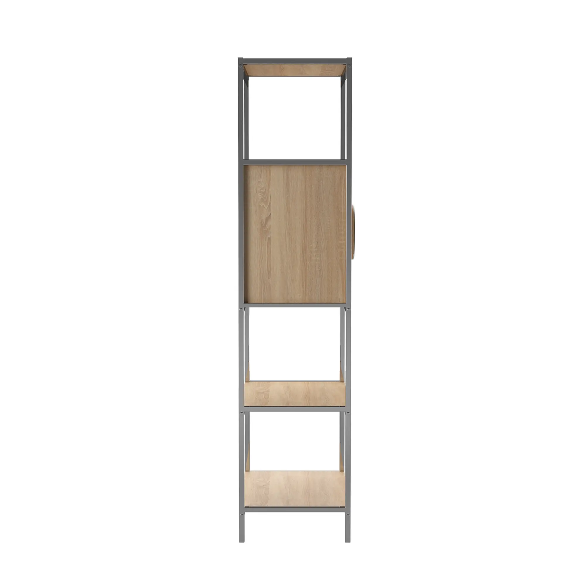 Front view of tall shelving unit with wood panels and metal frame.