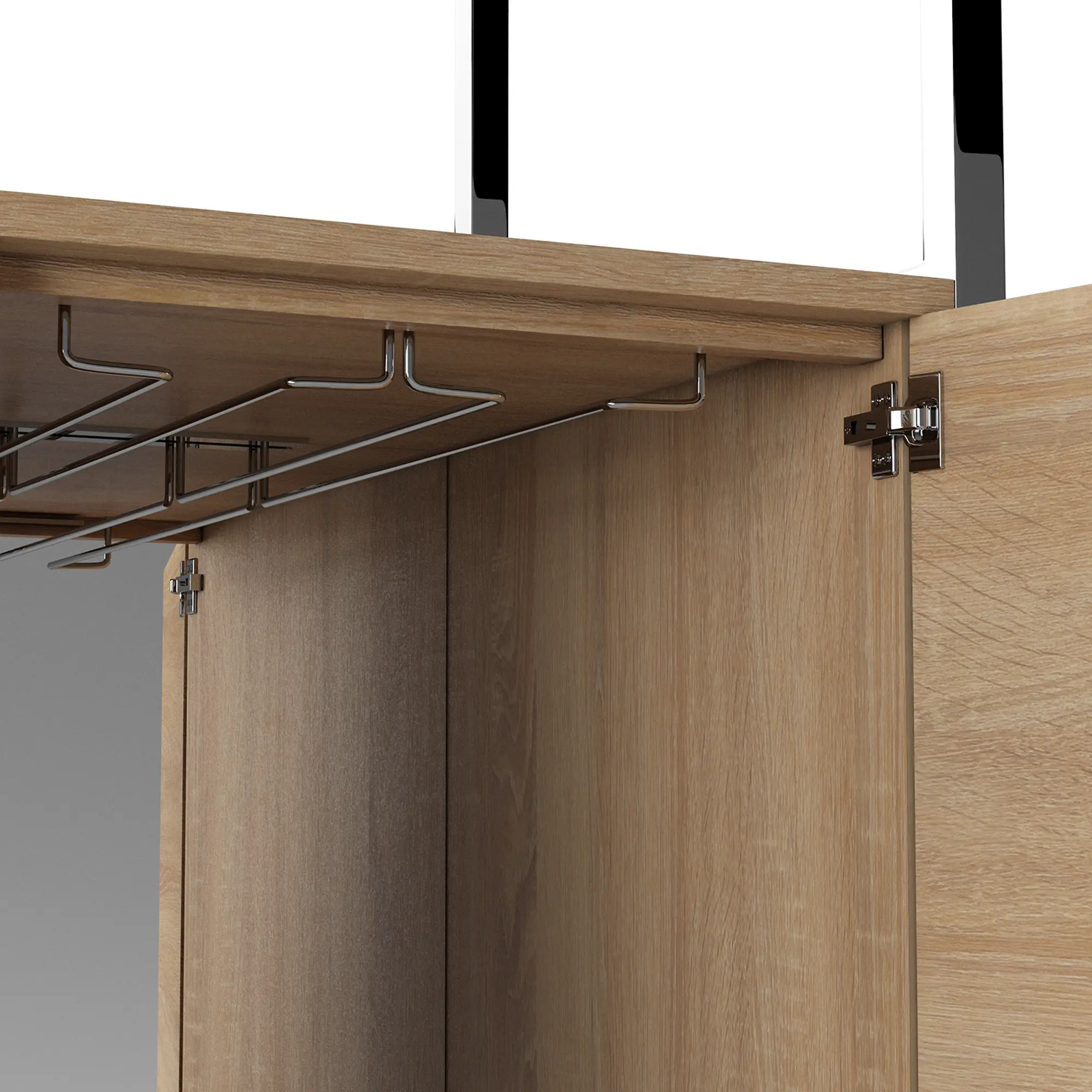 Open cabinet door showing interior wood panel and metal hinges