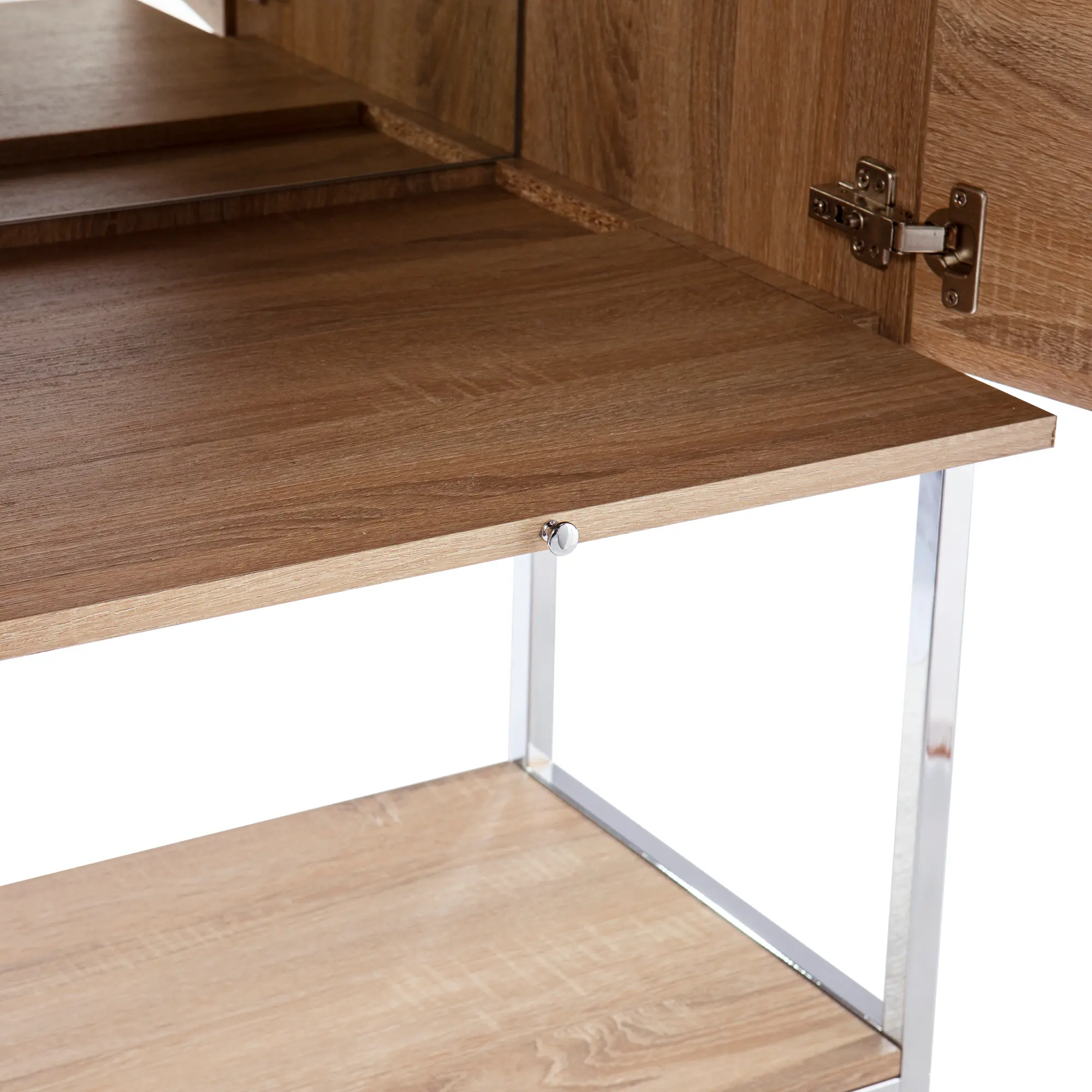 Edge of wooden shelf with hinge and metal frame close-up