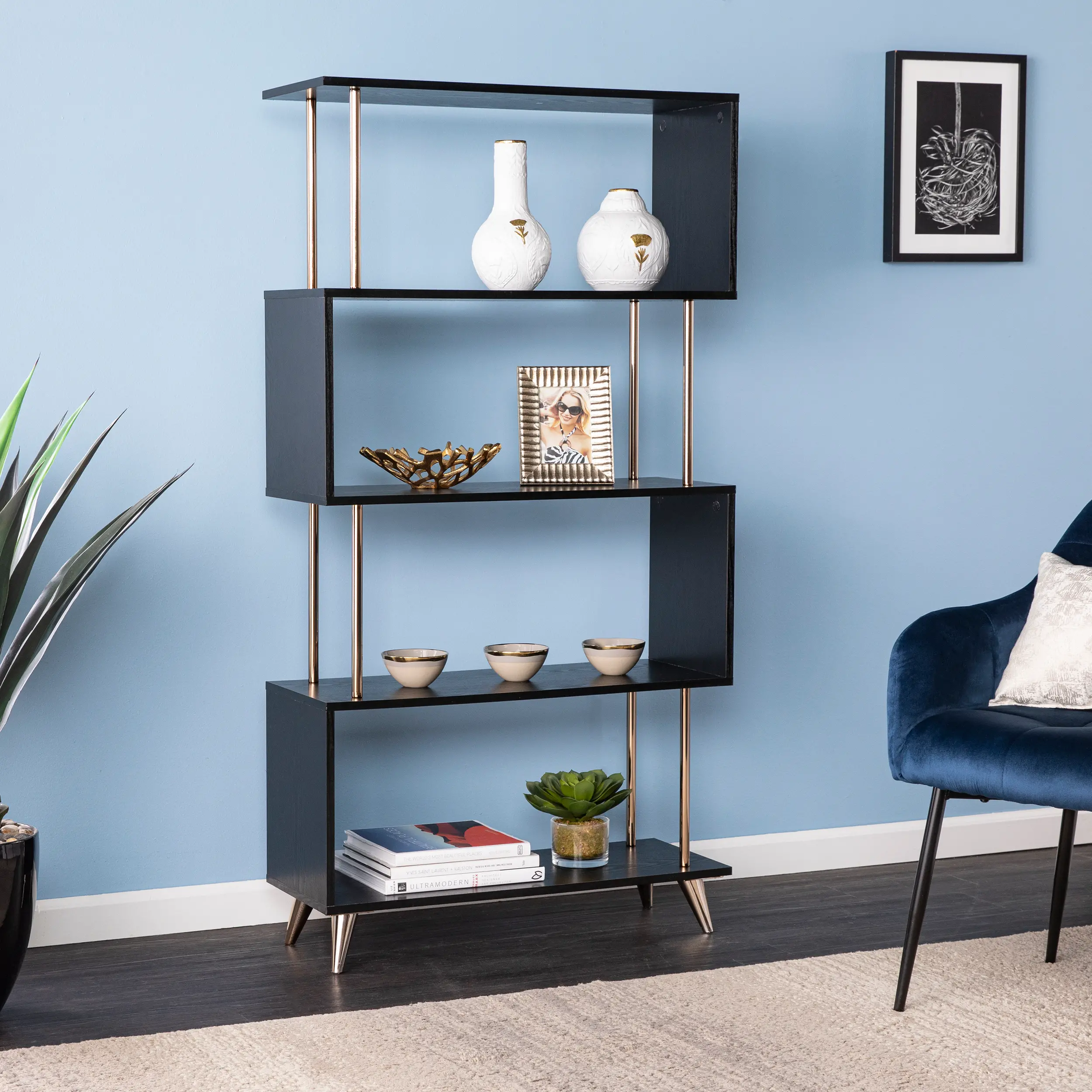 HZ1220038 Beckerman Black Asymmetrical Bookcase-2