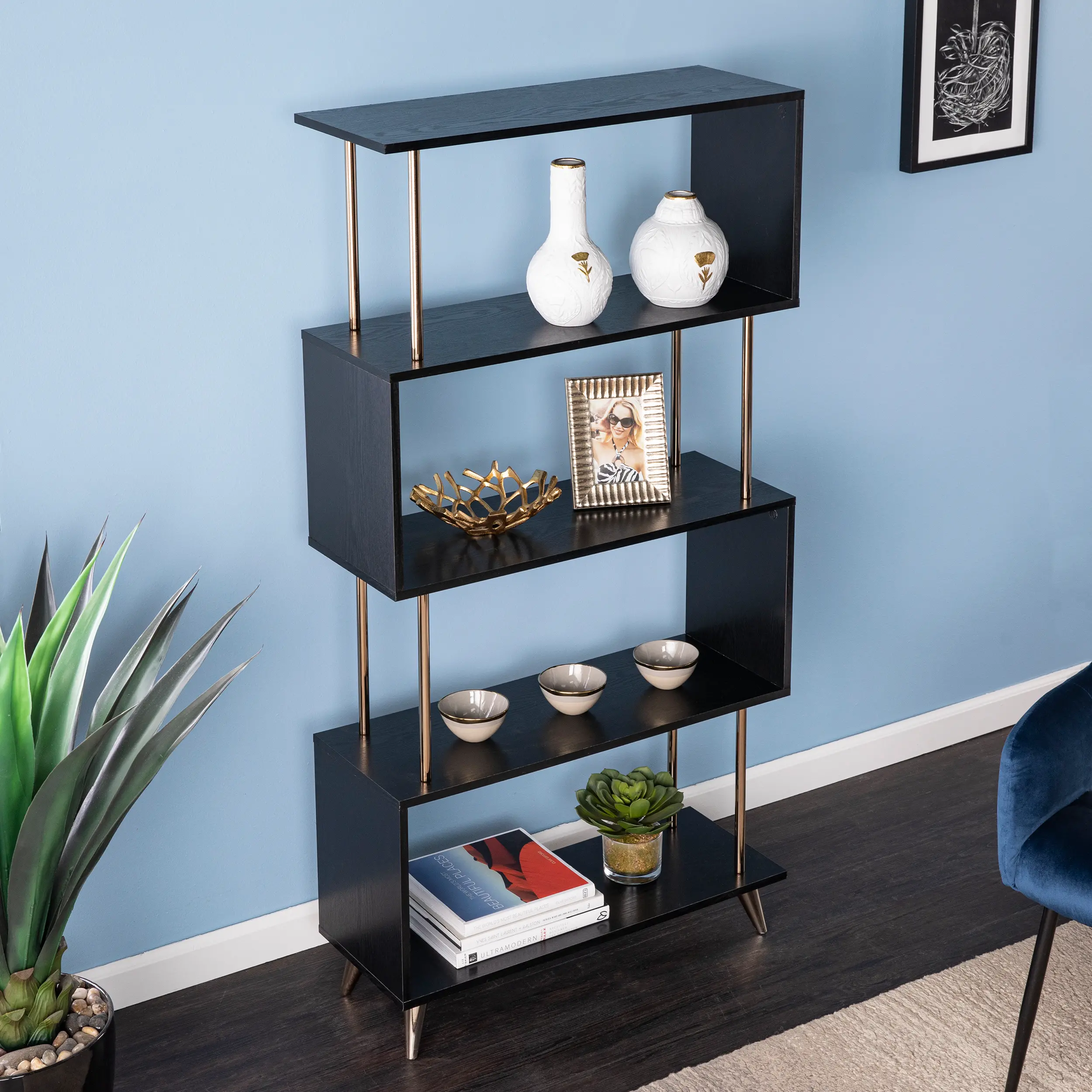 HZ1220038 Beckerman Black Asymmetrical Bookcase-3