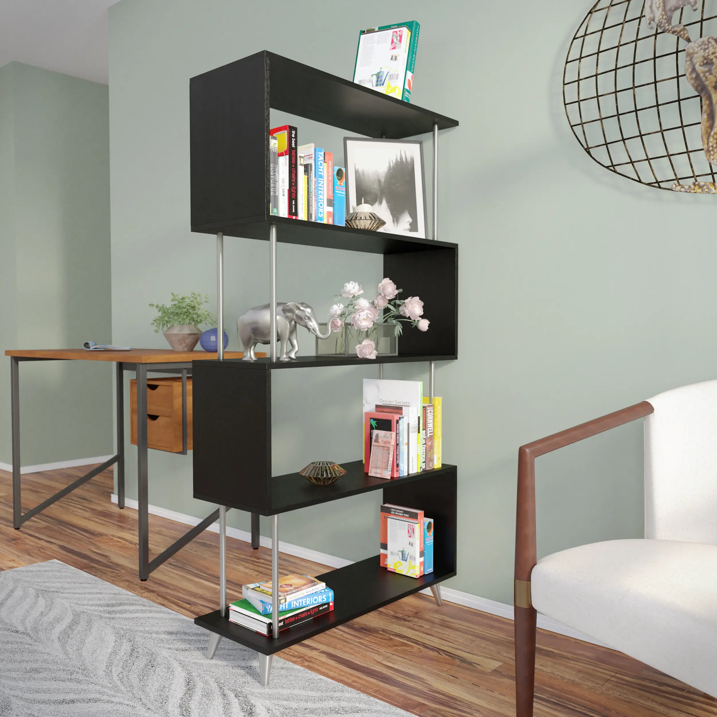 HZ1220038 Beckerman Black Asymmetrical Bookcase-5