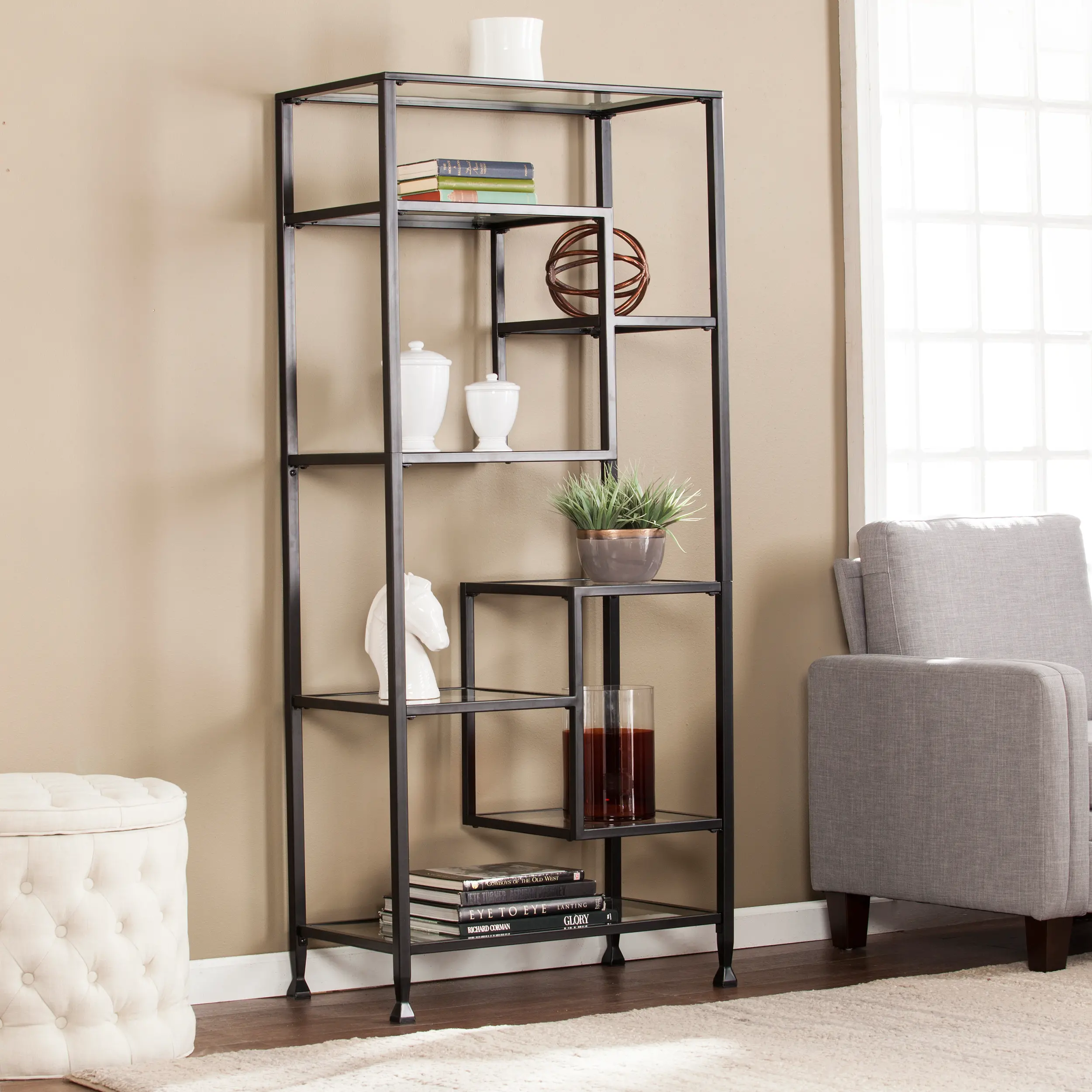 HZ1774 Jaymes Black Metal and Glass Asymmetrical Bookcase-2