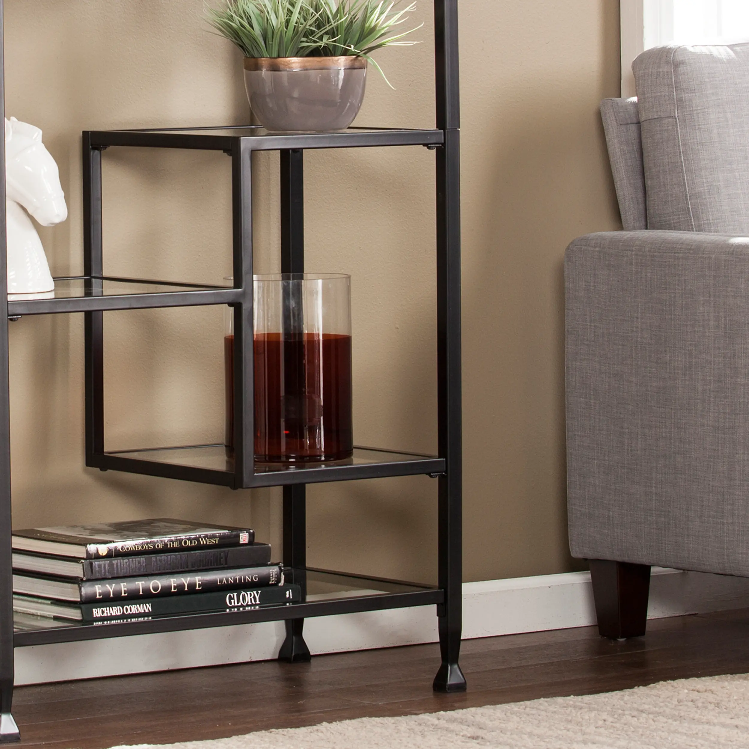 HZ1774 Jaymes Black Metal and Glass Asymmetrical Bookcase-7