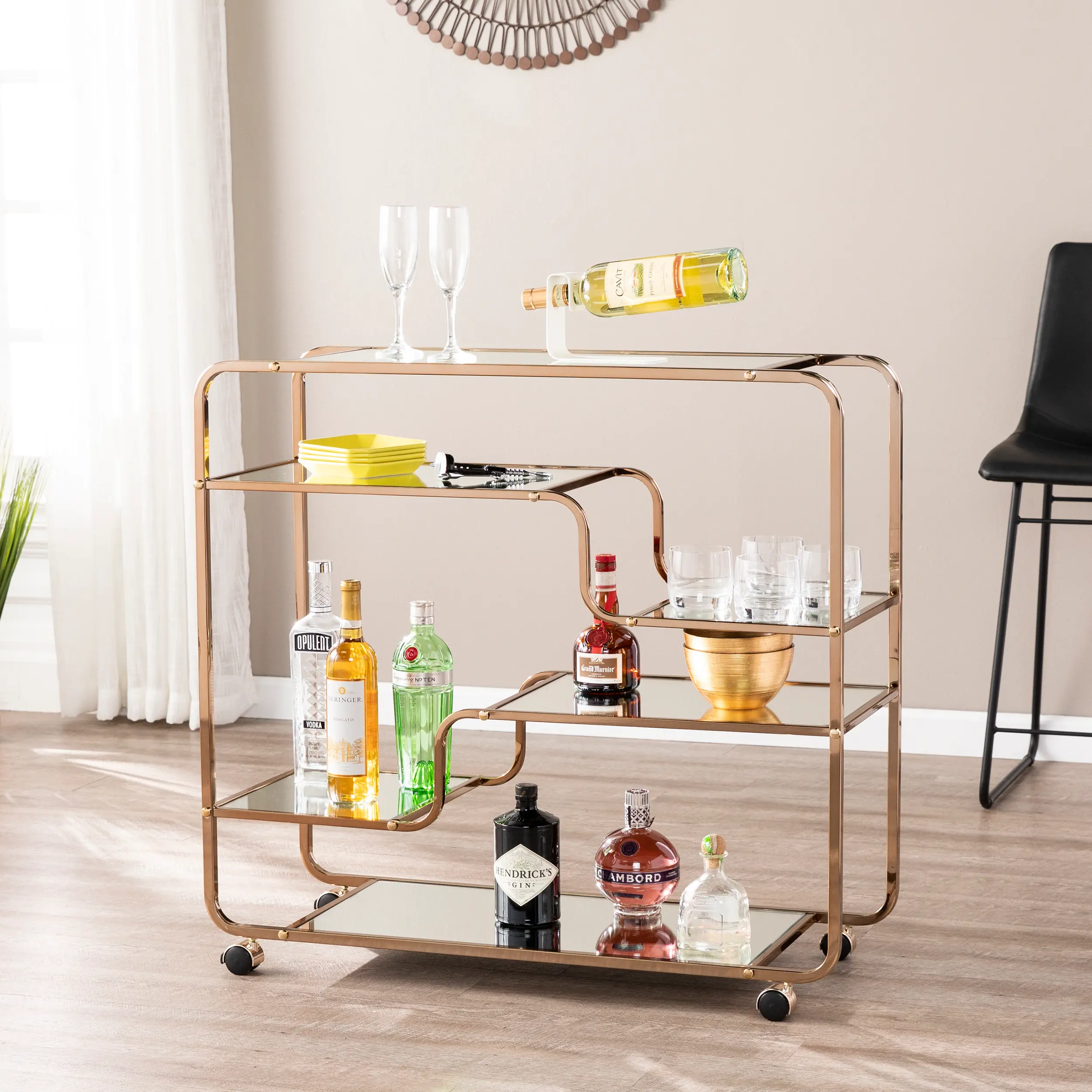 HZ2056 Maylynn Art Deco Champagne Mirrored Bar Cart-2