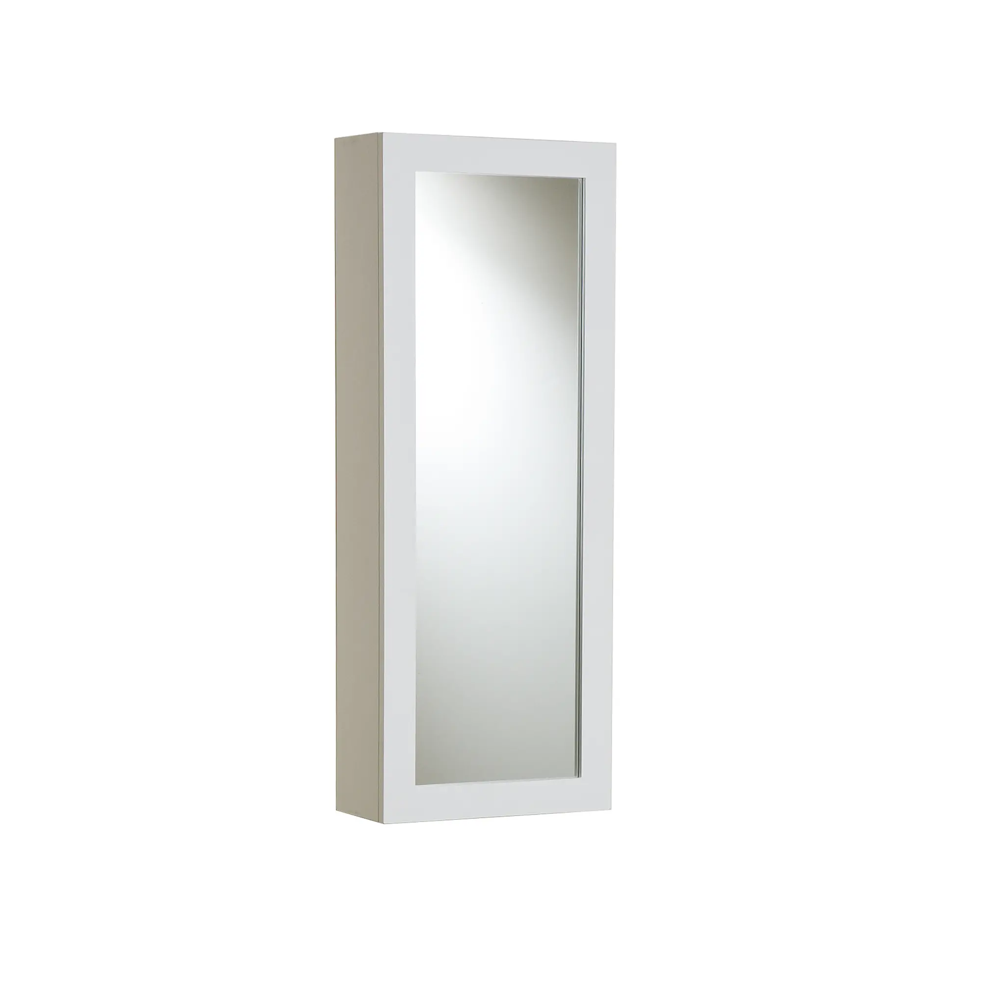 White wall-mounted cabinet with a tall vertical mirror panel in the center and clean rectangular frame