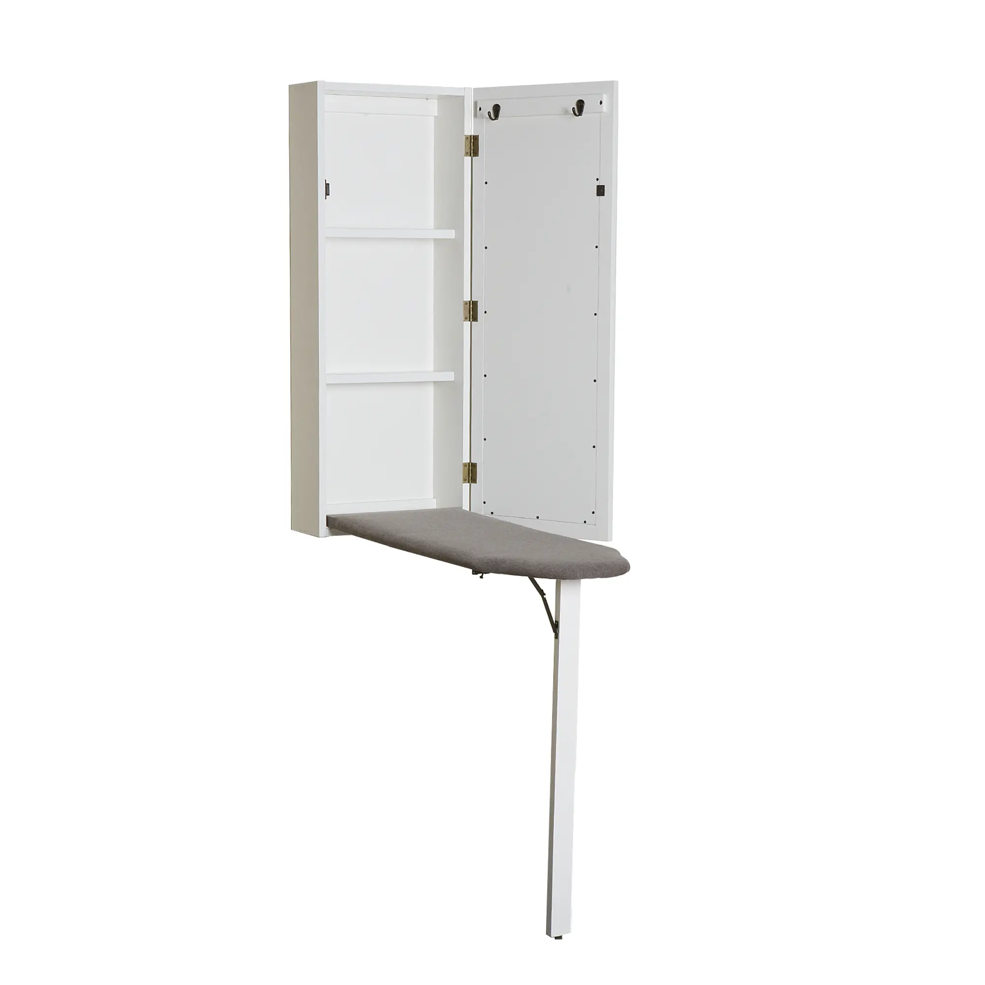 Open white cabinet showing internal storage with an ironing board and hanging rail; ironing board extended outside