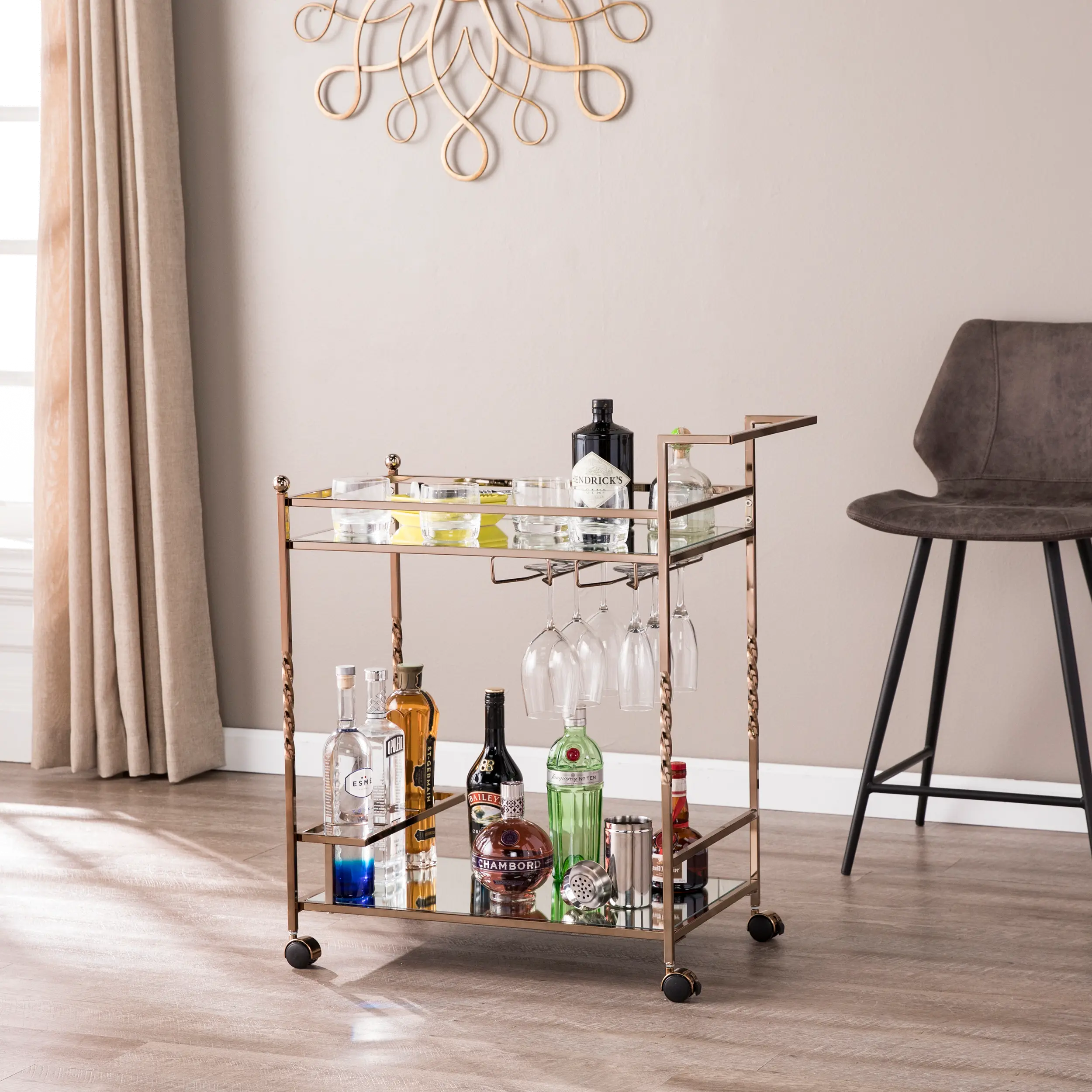 HZ3585 Ivers Rose Gold Metal Mirrored Bar Cart-2