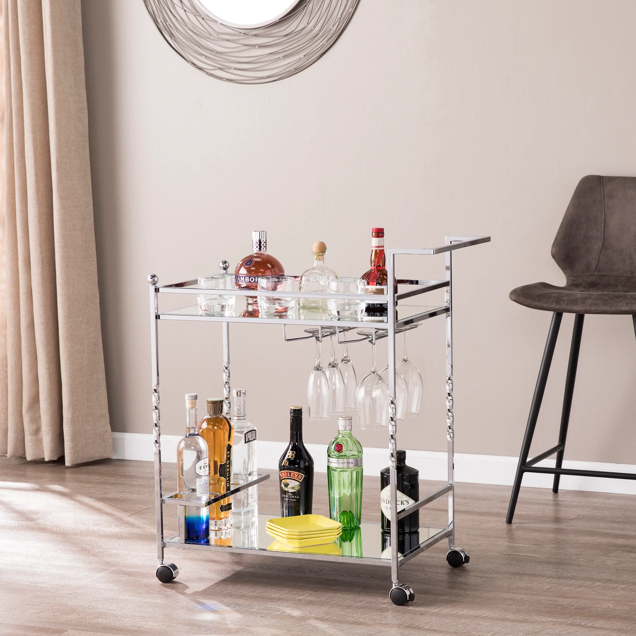 HZ3586 Ivers Chrome Metal Mirrored Bar Cart-2