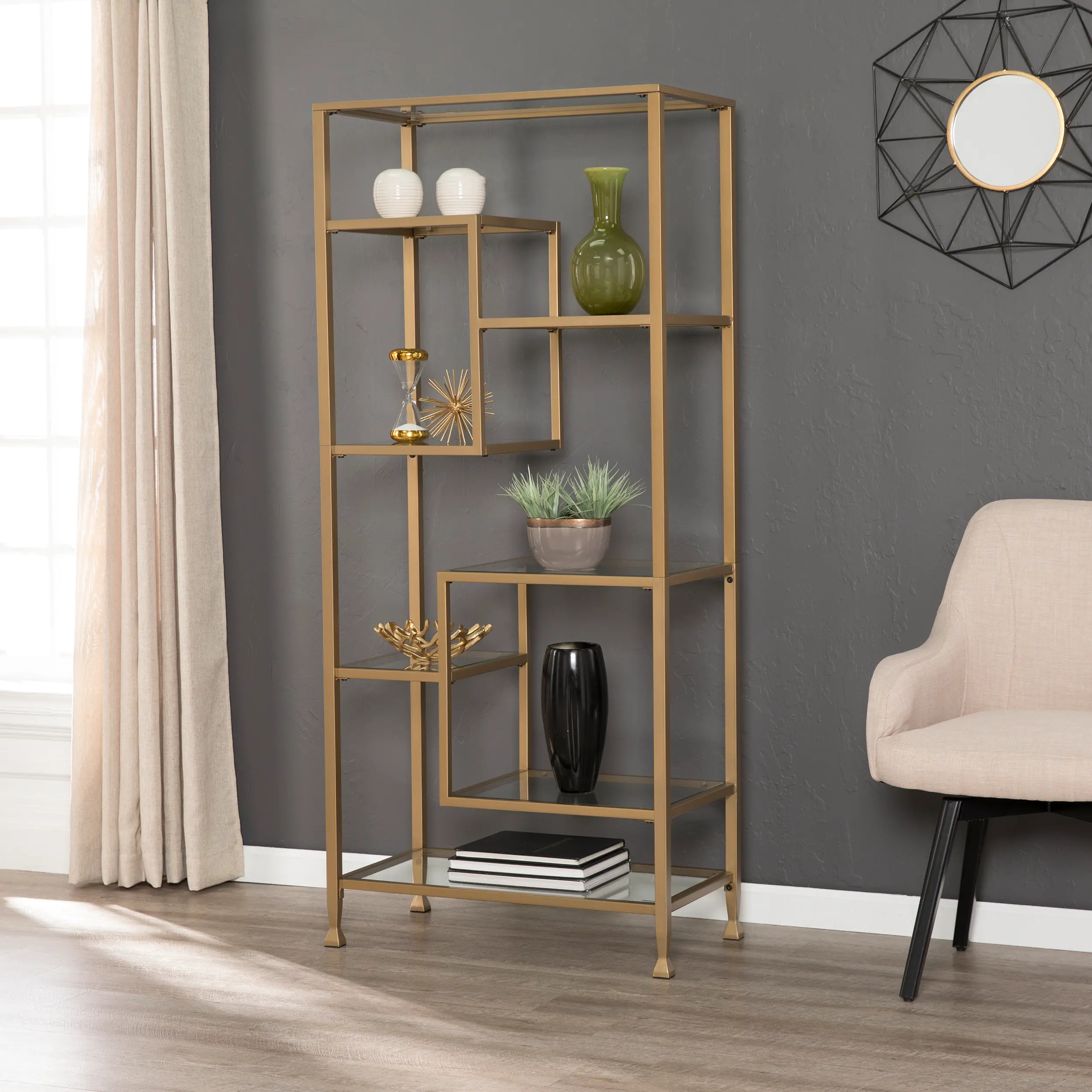 HZ5774 Jaymes Gold Metal & Glass Asymmetrical Bookcase-2