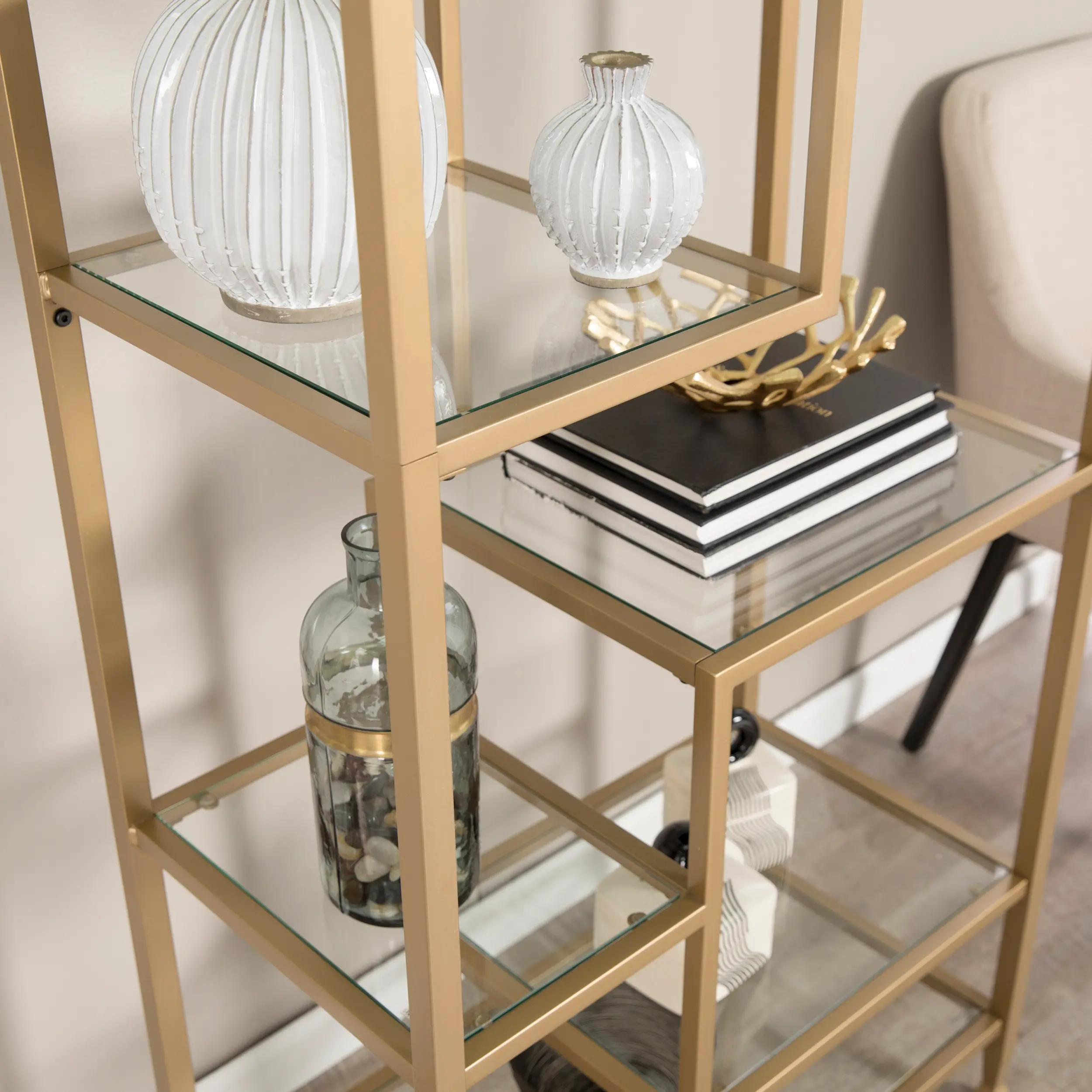 HZ5774 Jaymes Gold Metal & Glass Asymmetrical Bookcase-3