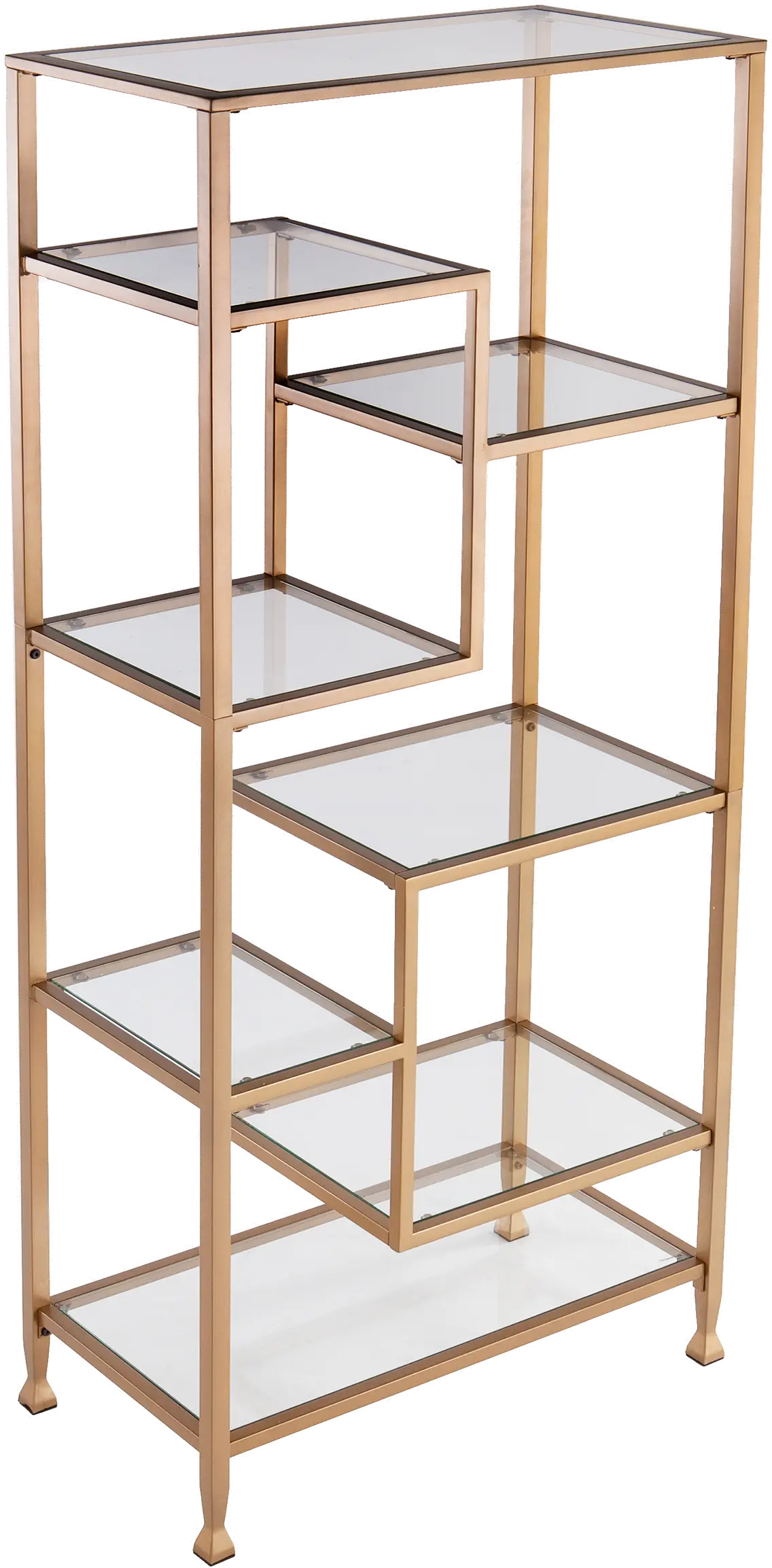 HZ5774 Jaymes Gold Metal & Glass Asymmetrical Bookcase-1