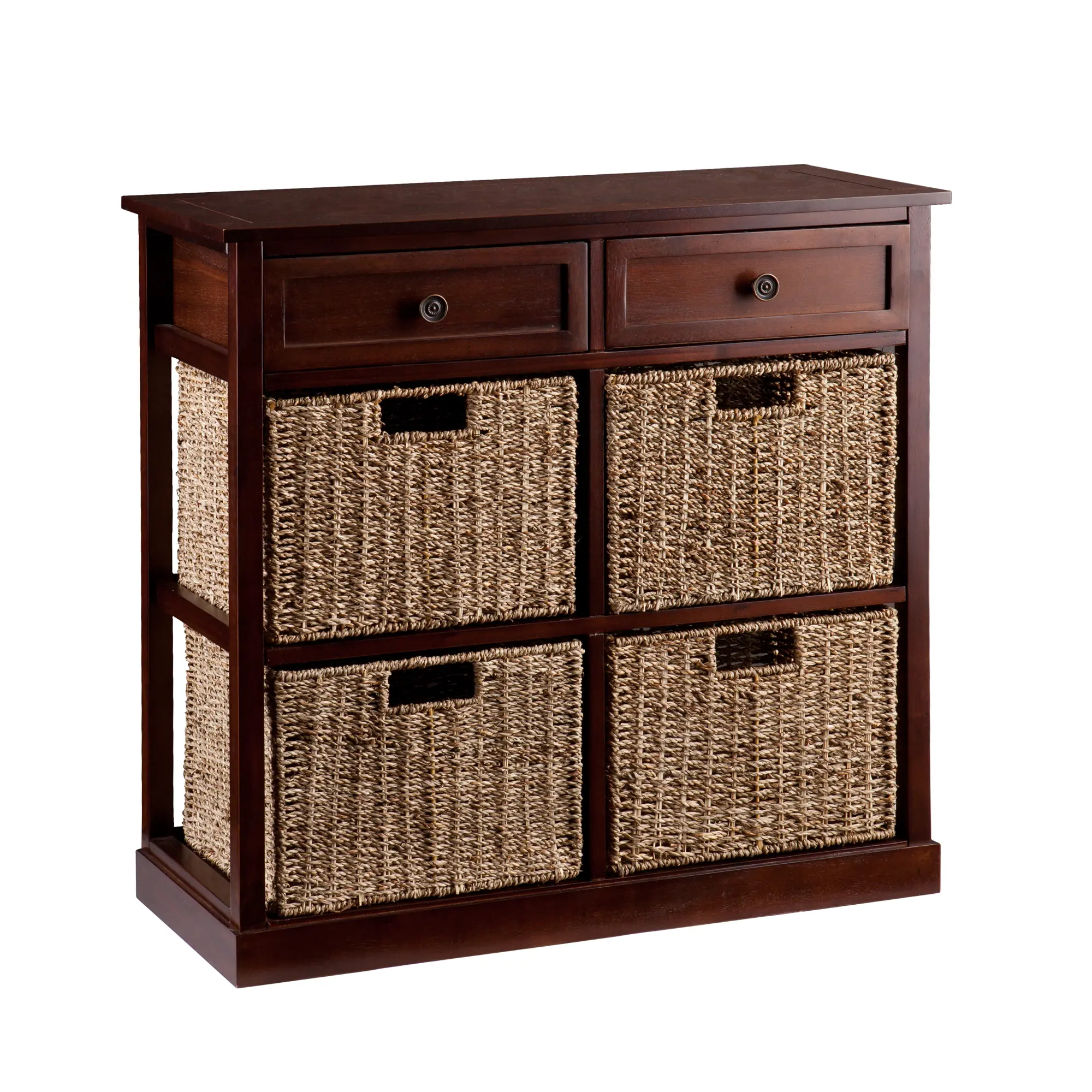 Front view of the dark wooden console with two top drawers and four woven baskets, fully assembled.