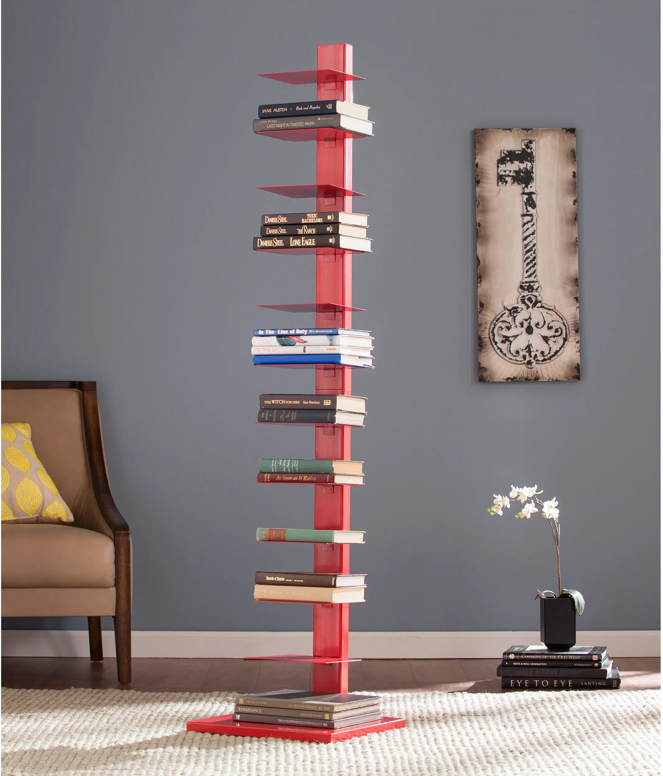 HZ9492 Stewartby Poppy Red Spine Tower Bookshelf-1