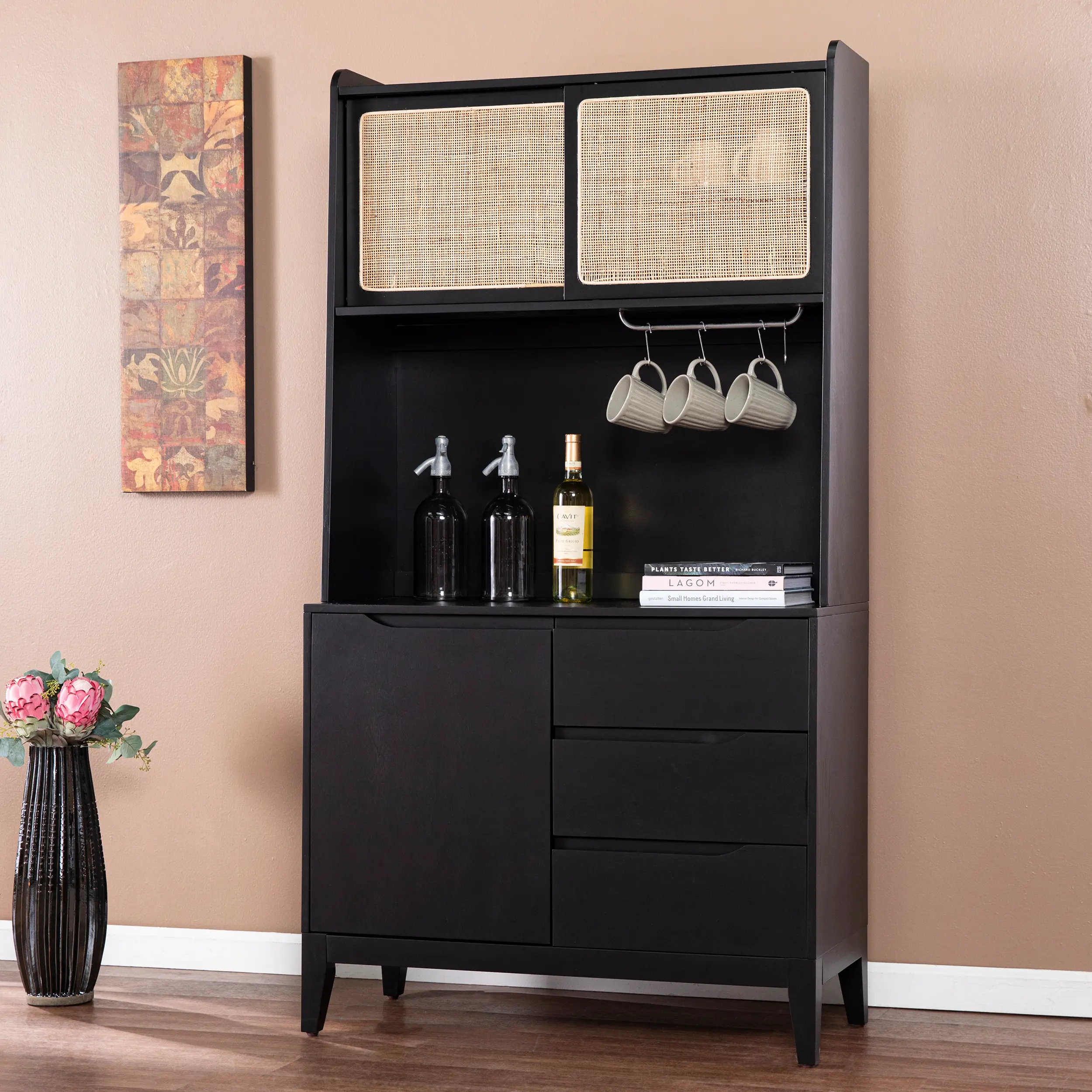 KA1096212 Carondale Black & Rattan Buffet Cabinet with Hutch-2